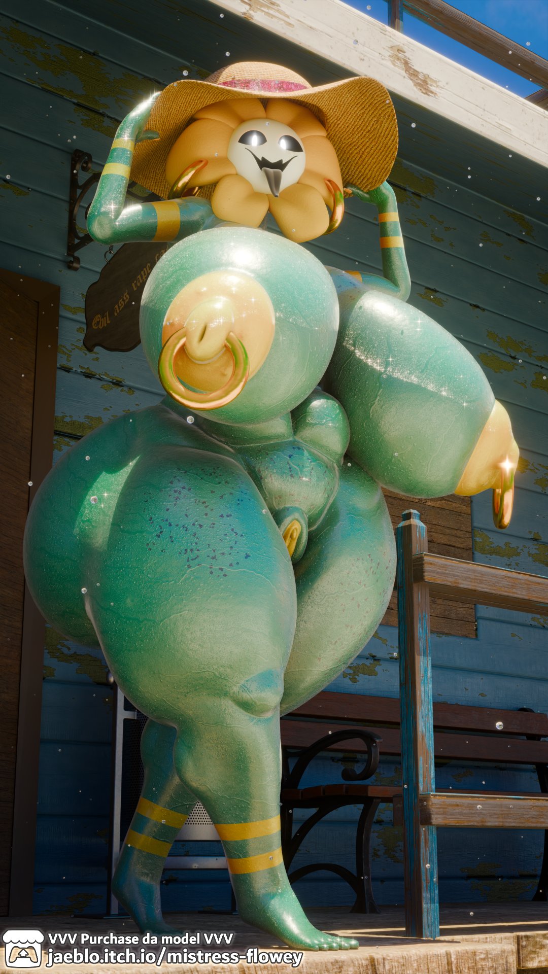 ass bigger than head, breasts bigger than head, completely nude, evil smile, flowey, flowey (undertale), flowey the flower, flowey with a body, grabbing hat, green body, green skin, hat, holding hat, jaeblorocks, looking at viewer, mistress flowey (jaeblorocks), nipple piercing, piercings, pussy out, ring piercing, rule 63, straw hat, undertale, undertale (series), yellow nipples