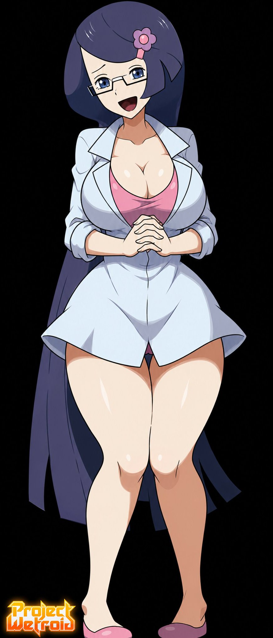 1girls artist_logo artist_name big_breasts blue_eyes edit edited_official_artwork eyewear female_only fennel_(pokemon) flower glasses hair_ornament hands_together labcoat looking_at_viewer massive_breasts official_art pokemon pokemon_bw projectwetroid purple_hair scientist smile thick_thighs