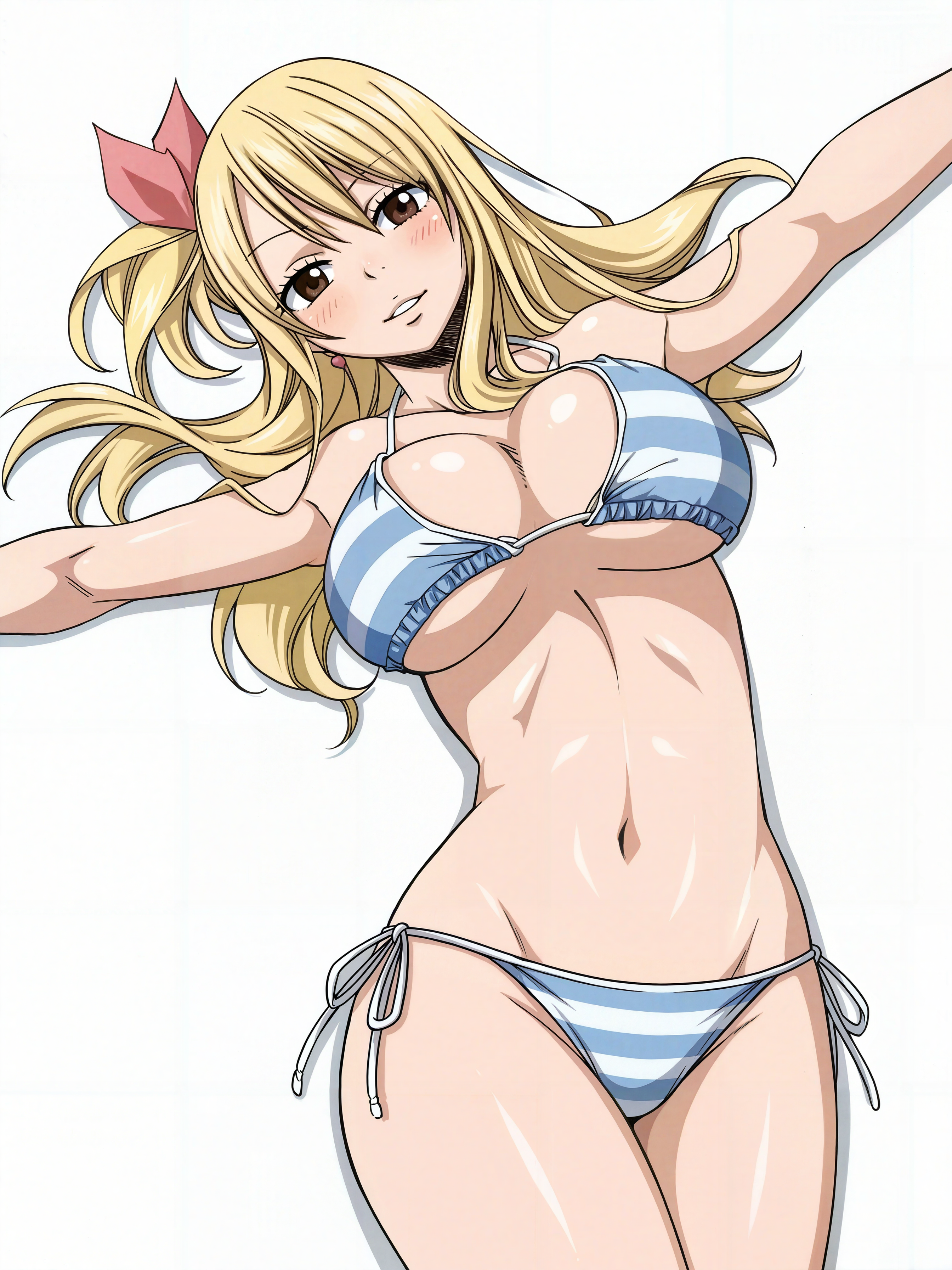 1girls, blonde hair, blonde-haired female, breasts, edited, fairy tail, groin, hair bow, half-closed eyes, large breasts, light blush, linea alba, long hair, lucy heartfilia, lying, lying on back, navel, official art, one side up, smile, string bikini, striped bikini, underboob, upscaled, white background