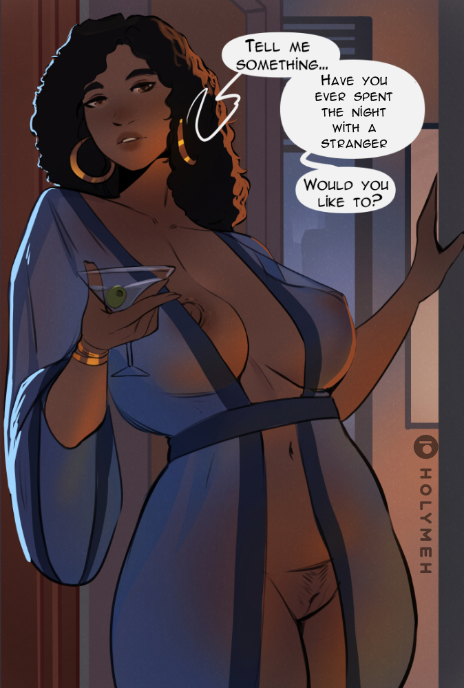 1girls alcohol alcoholic_drink alternate_version_available big_breasts black_hair blush boni_(holymeh) breasts brown_eyes dark-skinned_female dark_skin english_text feet_out_of_frame female female_only female_torso functionally_nude holymeh inviting large_breasts long_hair looking_at_viewer navel nightgown nipples open_clothes original pubic_hair pussy see-through see-through_clothing speech_bubble text uncensored
