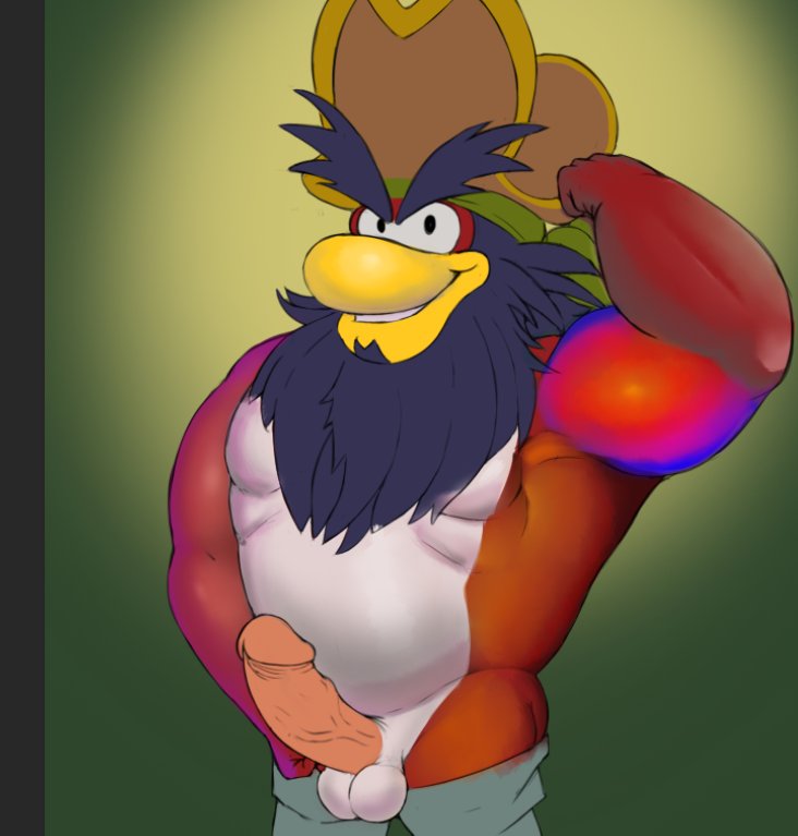 2017 anthro avian balls beak beard bird captain_rockhopper clothed clothing club_penguin club_penguin_island erection eyebrows facial_hair flexing hat headgear headwear humanoid_penis looking_at_viewer male male_only muscular partially_clothed penguin penis pirate seyrmo smile solo standing vein veiny_penis