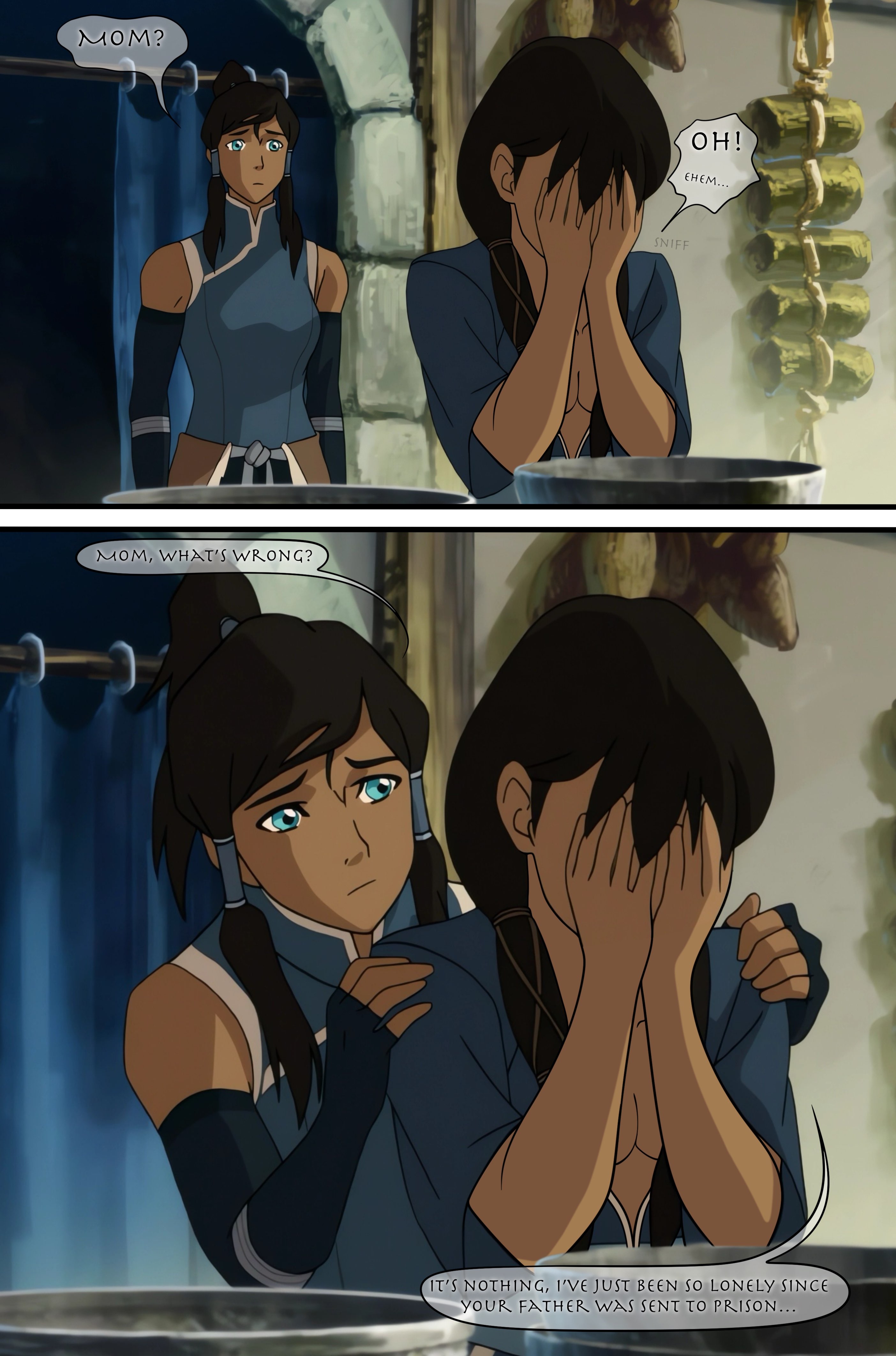 2d, 2girls, avatar legends, crying, daughter, dialogue, english text, eye of the beholder, female, female only, incest, korra, mother, mother and daughter, nickelodeon, nicktoons, parent and child, senna (tlok), story, text, the avatar, the legend of korra, water tribe, yuri