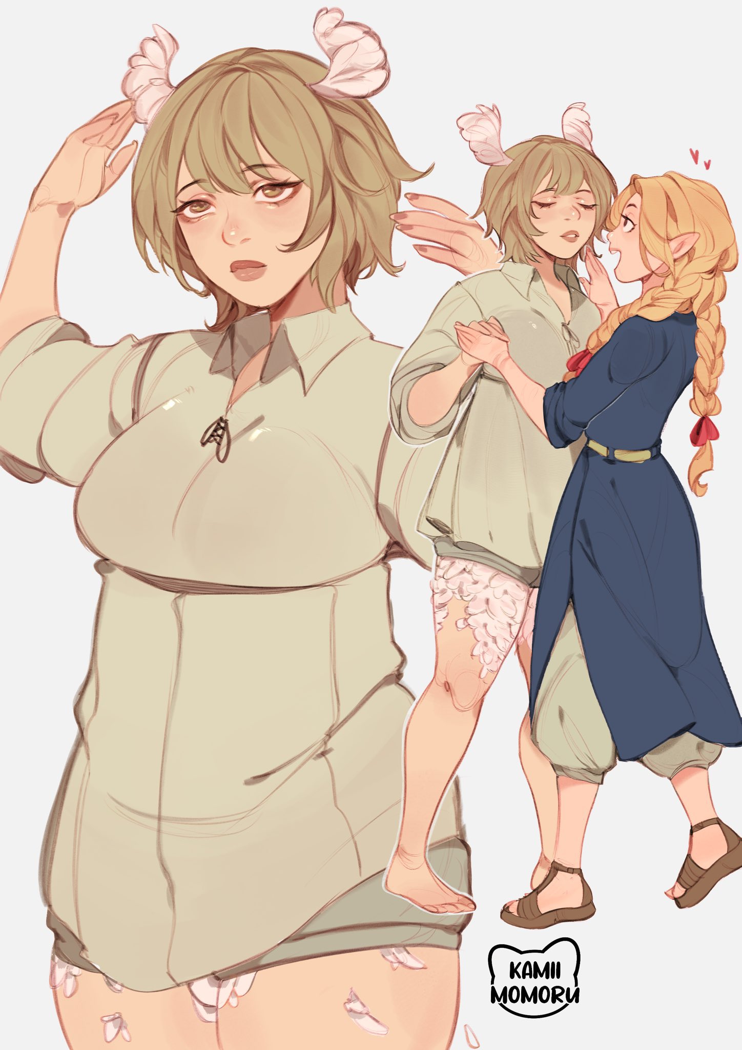2girls, artist logo, barefoot, blonde hair, chimera, chubby female, dungeon meshi, elf, elf female, falin touden, fanon couple, feathers, female, female only, heart, kamii momoru, light skin, light-skinned female, marcille donato, multiple females, multiple girls, pointy ears, sandals, yuri