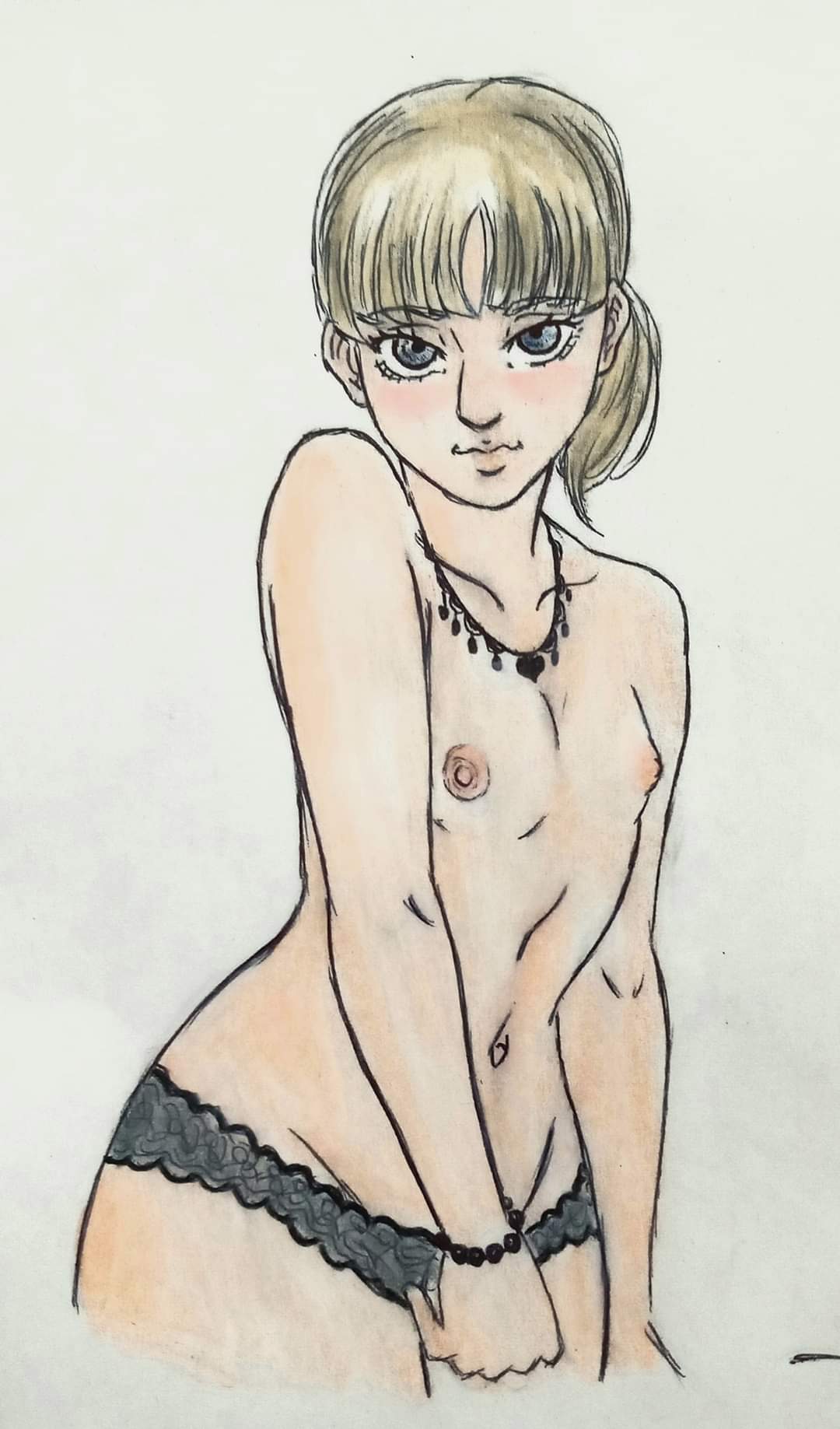 1girls attack_on_titan black_panties blonde_hair blonde_hair_female blush blushing_at_viewer colored hand_drawn looking_at_viewer mostly_nude mostly_nude_female necklace nipples panties pencil_(artwork) ponytail shingeki_no_kyojin small_breasts snk_andree_art solo_female tied_hair wristband zofia_(shingeki_no_kyojin)