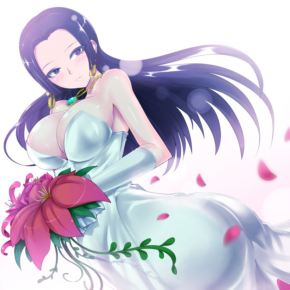 1girls, artist request, ass, black hair, black-haired female, boa hancock, bouquet, bride, cleavage, commentary request, female, female only, one piece, tagme, voluptuous, wedding dress
