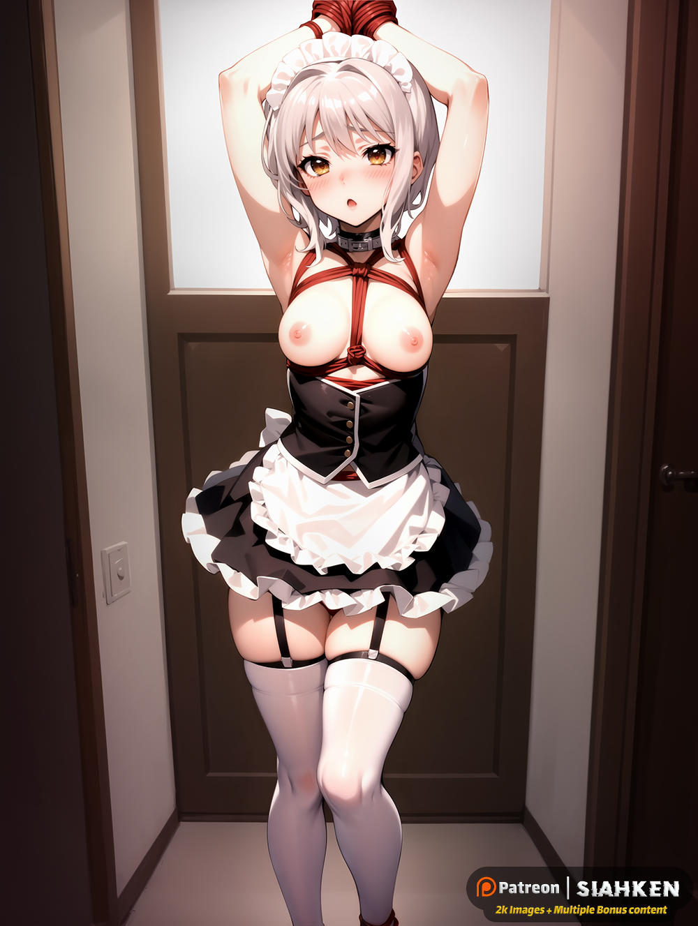 1girls :o ai_generated blush bondage exposed_breasts female female_only garter_straps half-dressed half_naked high_school_dxd koneko_toujou lowres maid maid_headdress maid_outfit maid_uniform preview shibari_under_clothes short_hair siahken small_breasts solo solo_female solo_focus thick_thighs thighhighs tied tied_hands tied_up white_hair yellow_eyes