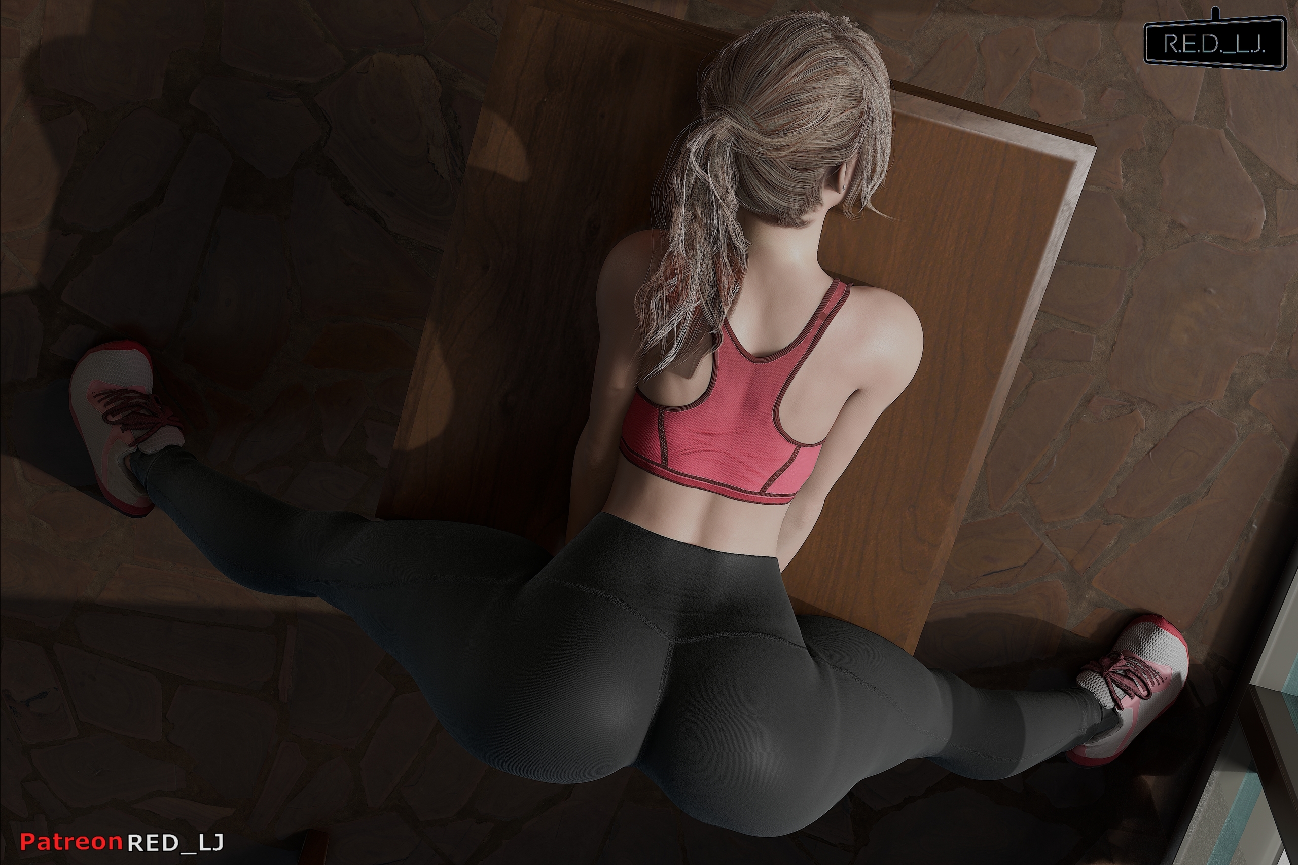 1girls, 3d, 3d (artwork), ashley graham, ashley graham (ella freya), ass, blender (software), blonde hair, female, huge ass, leggings, long hair, patreon username, pony tail, red lj, resident evil, resident evil 4, resident evil 4 remake, tied hair, yoga pants