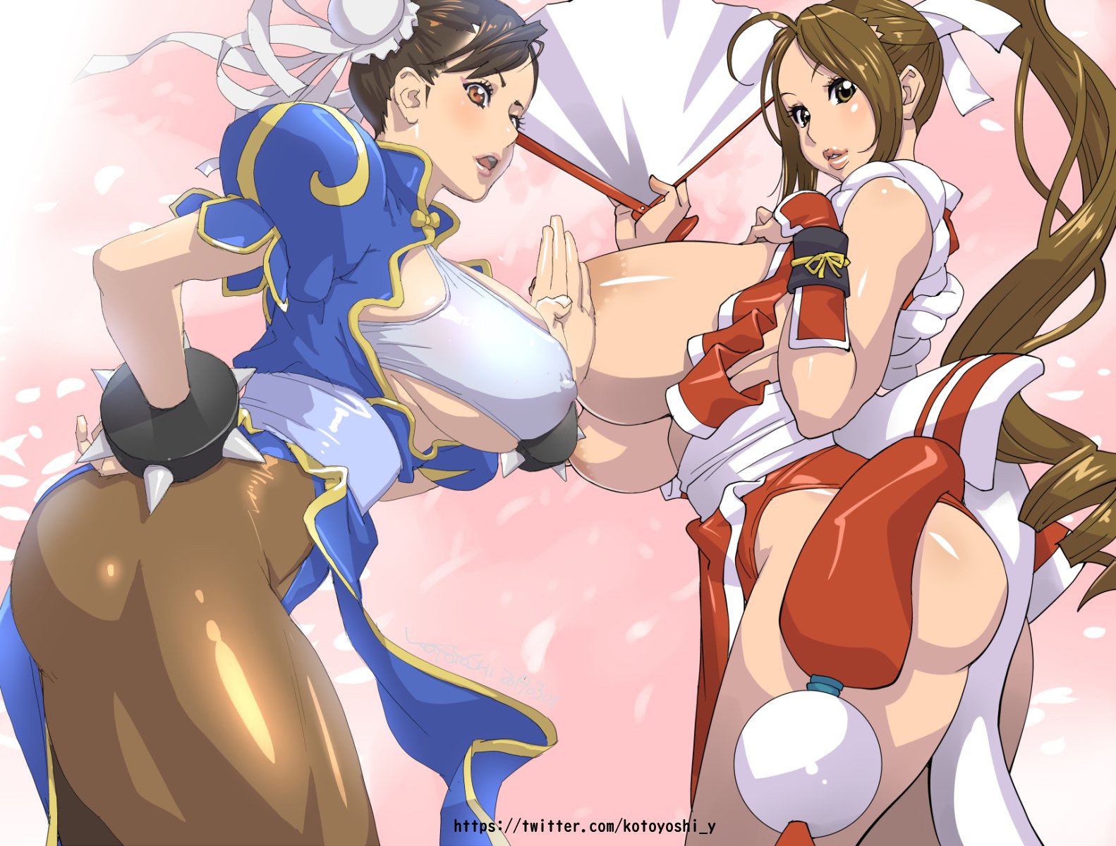2girls, areola slip, asian, ass, breasts, brown hair, capcom, chun-li, cleavage, curvy, death battle, erect nipples under clothes, fatal fury, female, huge areolae, huge ass, huge breasts, king of fighters, kotoyoshi yumisuke, mai shiranui, multiple females, multiple girls, pantyhose, ponytail, skindentation, snk, standing, street fighter, thick lips, underboob, voluptuous, wide hips