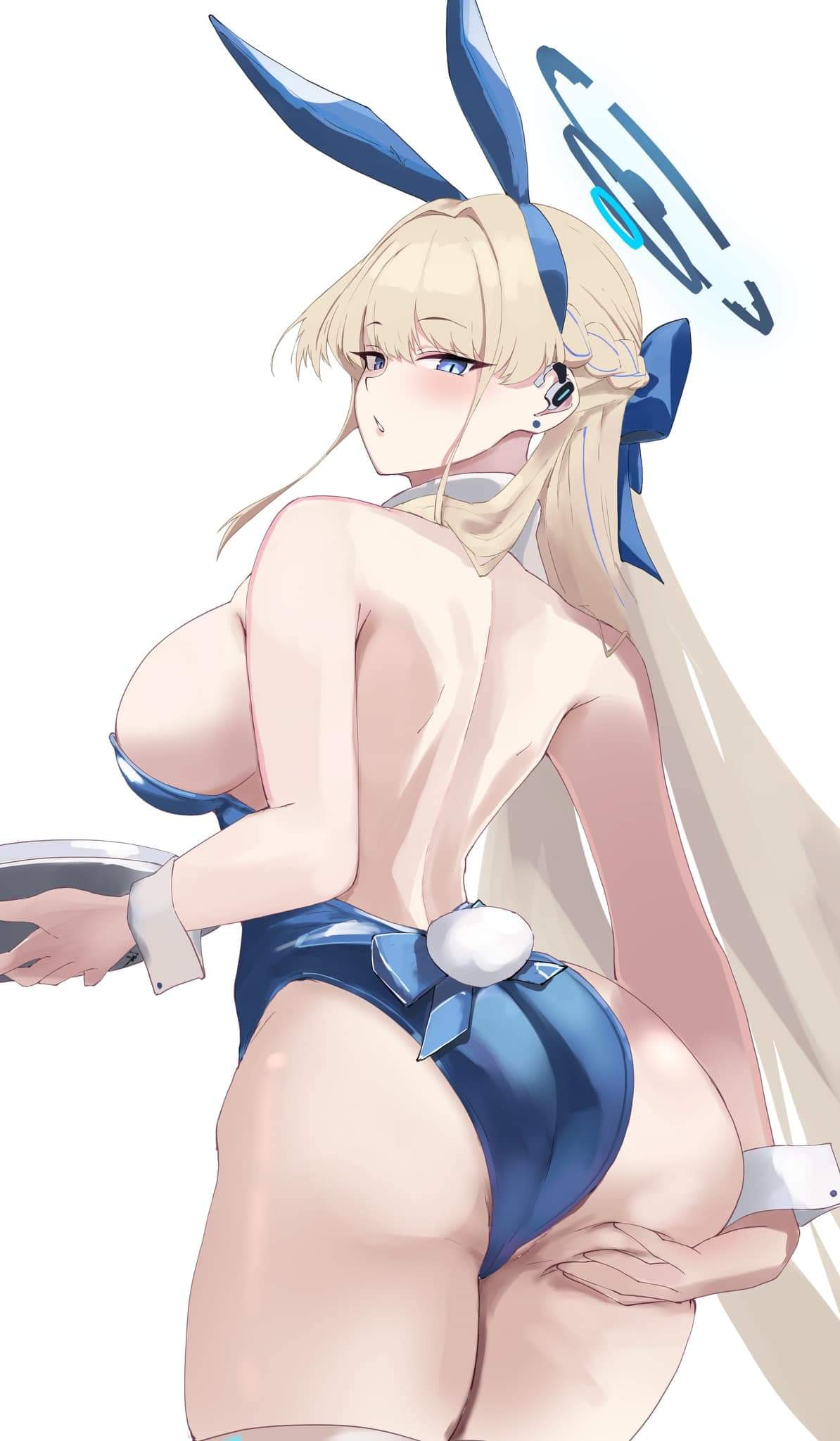 ass, ass focus, ass grab, blonde female, blonde hair, blonde-haired female, blue archive, blue eyes, blush, bunny costume, bunny ears, bunny girl, bunny tail, bunnysuit, female, plate, toki (blue archive), toki (bunny) (blue archive)
