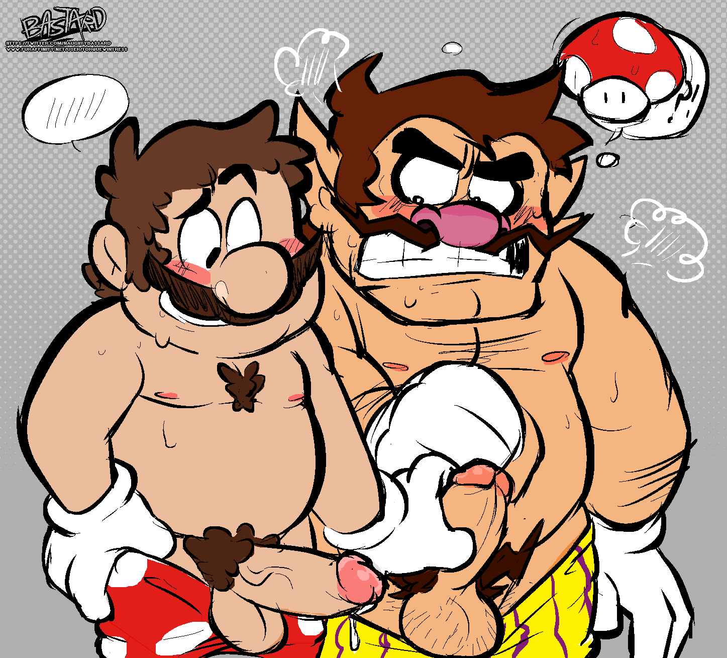 2boys blush boner color_edit colored_sketch erection facial_hair gay grabbing_penis hairy_balls male male_only mario mario_(series) moustache mushroom naughtybassard pubic_hair self_upload shocked super_mario_bros. sweat tagme third-party_edit torquewintress underwear wario