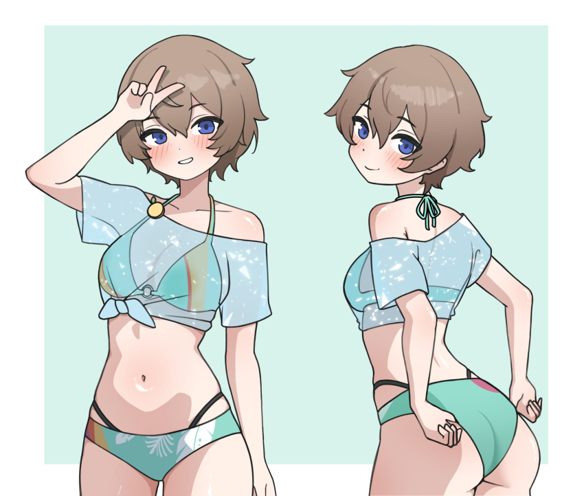 1girls, arm up, arutemisu180, ass, bare shoulders, bikini, bikini under clothes, blue eyes, blush, breasts, brown hair, closed mouth, collarbone, commentary request, cowboy shot, female, female only, floral print, floral print bikini, green background, green bikini, green shirt, grin, hair between eyes, highres, looking at viewer, medium breasts, motoha arai, multi-strapped bikini bottom, multiple views, navel, o-ring, o-ring bikini, off shoulder, off-shoulder shirt, official alternate costume, paid reward available, persona, persona 5, persona 5: the phantom x, see-through cleavage, see-through clothes, see-through shirt, sfw, shirt, short hair, sidelocks, smile, standing, stomach, swimsuit, tied shirt, tomboy, v, v over head, very short hair