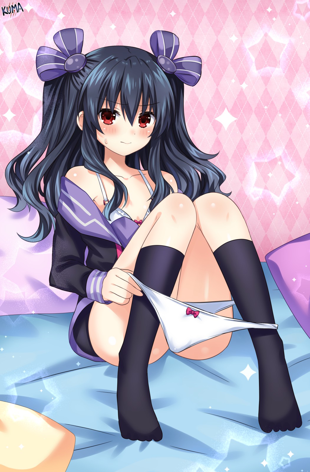 bare_shoulders black_hair blush bra compile_heart embarrassed front_view hair_ribbon idea_factory lewdkuma light-skinned_female looking_at_viewer neptunia_(series) panties partially_clothed red_eyes sitting small_breasts socks solo undressing uni_(neptunia) white_panties