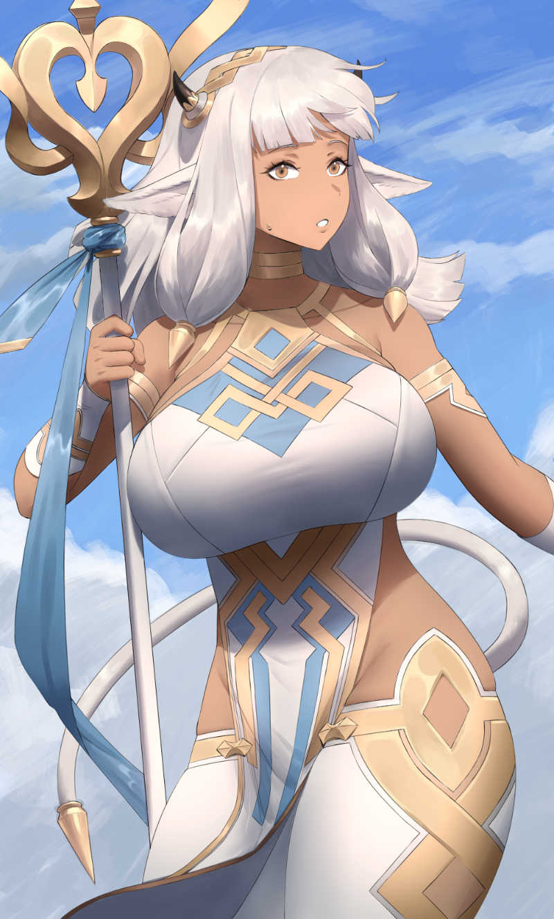 1girls ash_(fire_emblem) bangs bare_arms bare_thighs breasts brown_eyes cow_girl dark-skinned_female dark_skin female female_only fire_emblem fire_emblem_heroes grey_hair horns large_breasts long_hair looking_at_viewer nintendo outdoors pelvic_curtain pointy_ears shou_illust solo staff tail thighhighs thighs