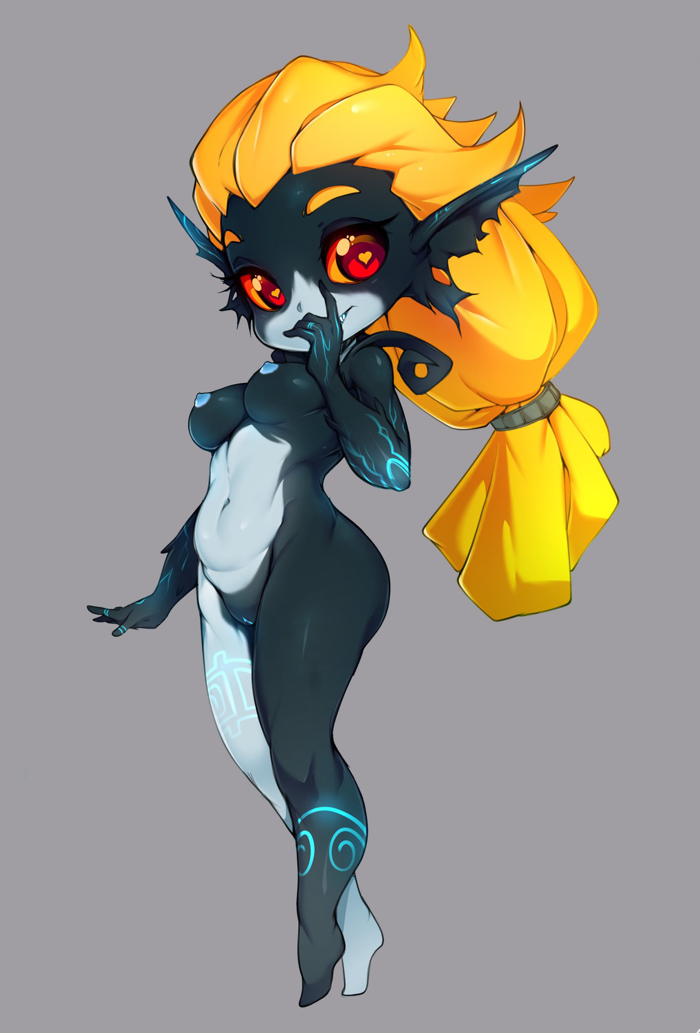 1girls, alternate breast size, big ears, big eyes, blonde hair, blue nipples, breasts, eyelashes, feet, female, glowing markings, grey background, grey skin, heart, heart-shaped pupils, highres, imp, imp midna, long hair, looking at viewer, midna, navel, nintendo, no helmet imp midna, pointy ears, ponytail, pose, pussy, red eyes, simple background, slugbox, source request, symbol-shaped pupils, the legend of zelda, twilight princess, two-tone skin, wide hips, yellow sclera
