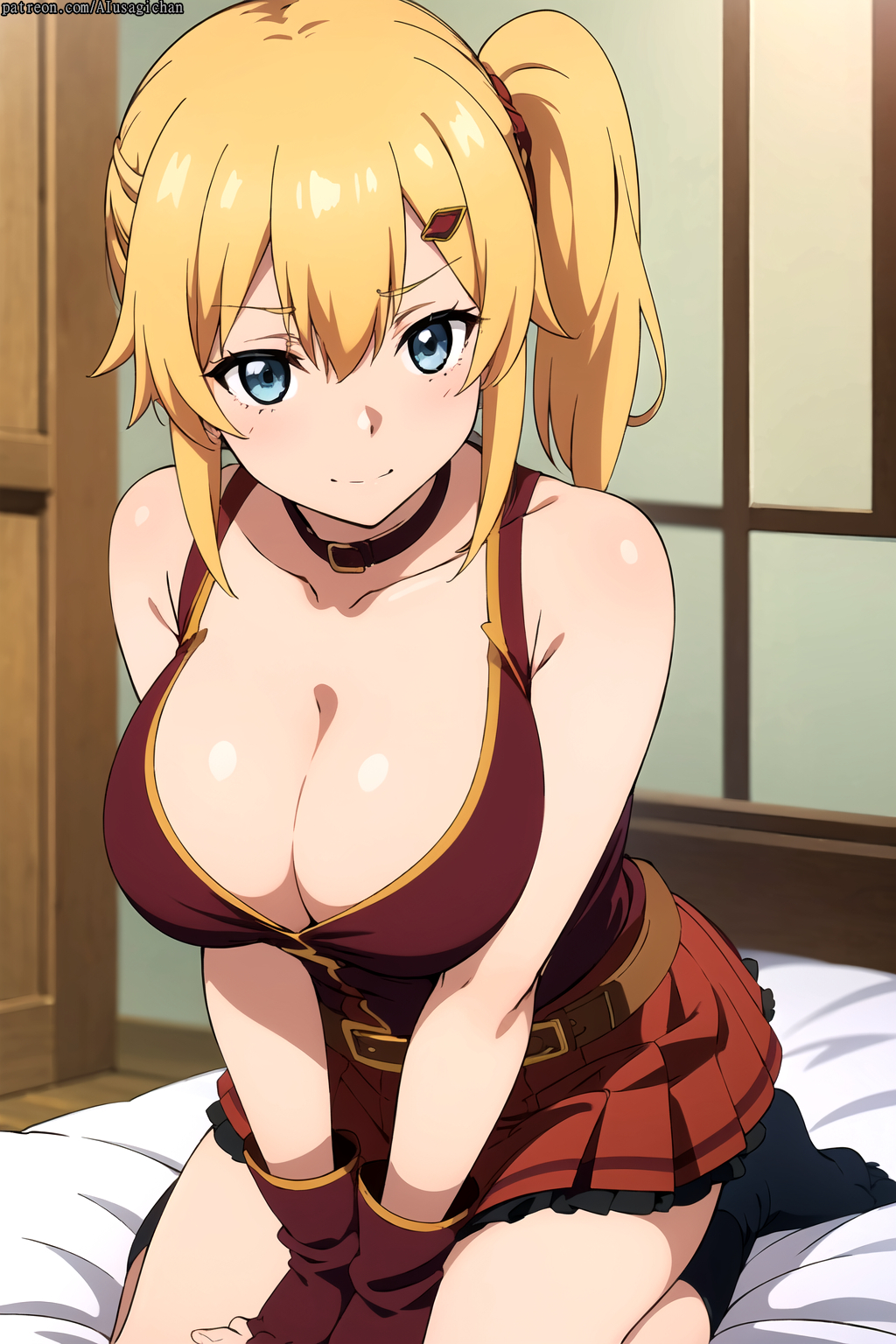 1female 1girls ai_generated bangs bed bedroom big_breasts blonde_hair blonde_hair_female blue_eyes blue_eyes_female breasts commentary_request emma_brightness english_commentary female female_only hi_res highres indoors light-skinned_female light_skin looking_at_viewer ponytail room skirt solo solo_female the_hidden_dungeon_only_i_can_enter very_high_resolution wariza