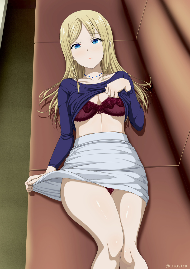 1girls bare_legs bare_midriff bare_skin bare_thighs blonde_female blonde_hair blonde_hair_female blue_eyes blue_eyes_female blue_shirt bra braid braided_hair breasts cleavage collarbone dot_nose elbows eyebrows_visible_through_hair female female_focus female_only fingernails fingers hayasaka_ai high_resolution highres hourglass_figure inoshira kaguya-sama_wa_kokurasetai_~tensai-tachi_no_renai_zunousen~ knees knees_together laying_down laying_on_back legs light-skinned_female light_skin long_hair looking_at_viewer medium_breasts necklace official_alternate_hairstyle open_mouth open_mouth_smile panties parted_bangs school_girl schoolgirl shiny_skin shirt shirt_lift shirt_pull shirt_up shoulders simple_background skirt skirt_lift skirt_pull slender_body slender_waist slim_girl slim_waist smile smiling smiling_at_viewer sofa solo student teenager thick_thighs thighs thin_waist underboob underwear upper_body white_skirt wide_hips