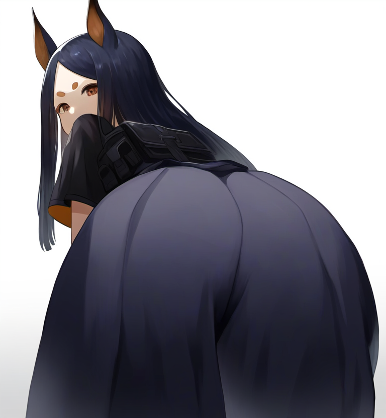 1girls ai_generated arknights ass ass ass_bigger_than_head ass_focus bending_over bent_over big_ass big_butt black_ears black_hair black_pants brown_eyebrows brown_eyes butt_focus dobermann_(arknights) dog_ears dog_girl female female female_only from_behind kemonomimi leaning leaning_forward long_hair looking_at_viewer looking_back military military_uniform onkomaker pants simple_background solo solo_female solo_focus thick_eyebrows vest white_background