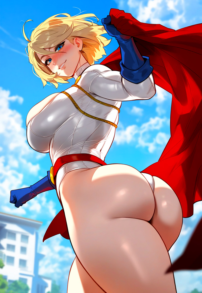 1girls ai_generated ass ass_focus back back_view bare_legs bare_thighs big_ass big_breasts big_butt blonde_hair blue_eyes blush boob_window busty cape clothed clothing color dat_ass dc dc_comics female female_focus female_only floxin hi_res kara_zor-l karen_starr kryptonian large_breasts light-skinned_female light_skin looking_at_viewer medium_hair power_girl red_cape short_hair solo solo_female superheroine superman_(series) tagme thick_thighs