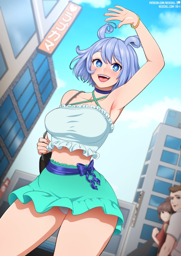 blue_hair clothed clothing criss-cross_halter crop_top cross-halter femaile female halterneck my_hero_academia nejire_hado neocoill oppai pantyshot public sfw_version short_hair skirt thick thick_thighs waving