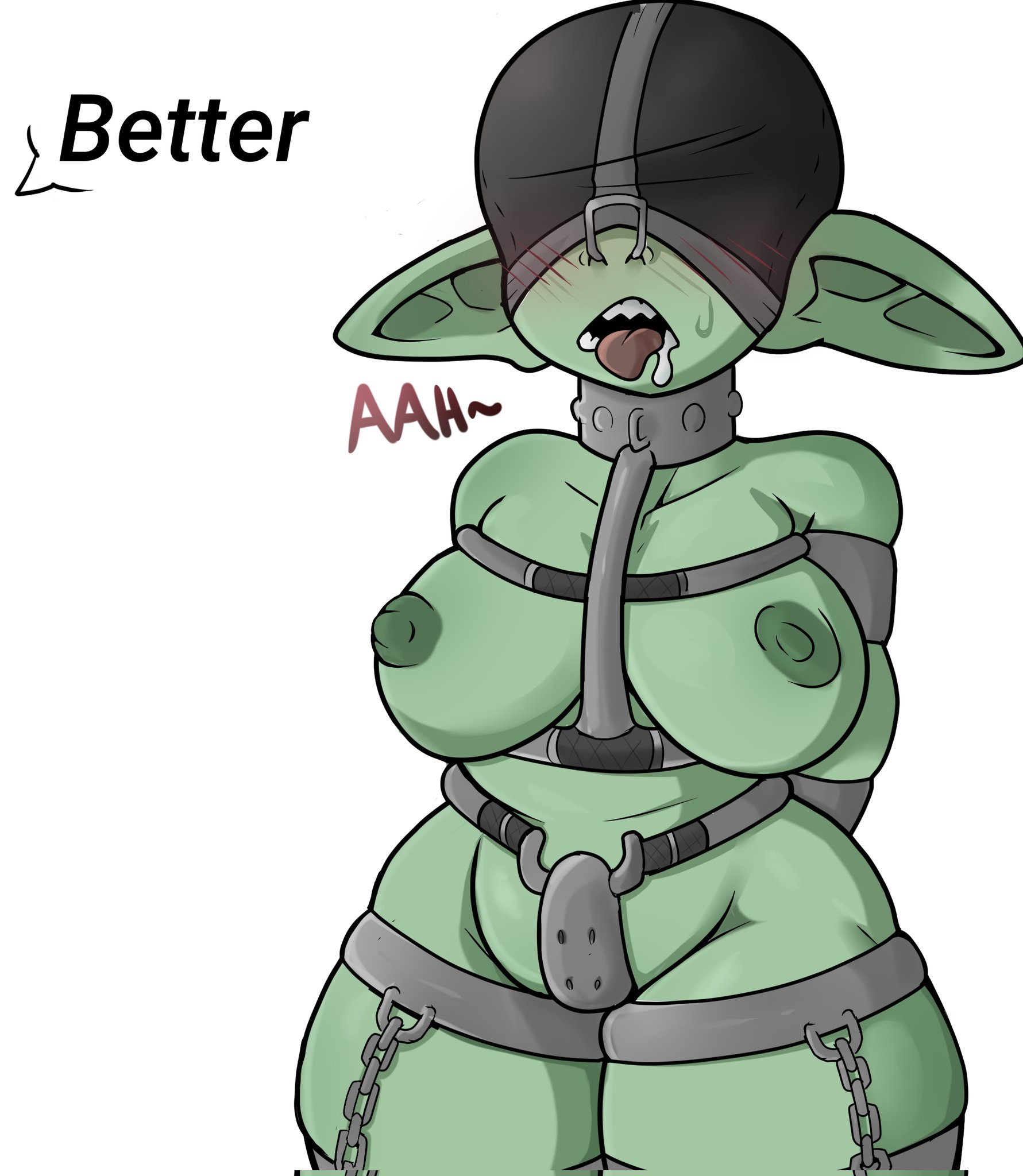 1girls, bondage, bondage gear, bound, breasts, chains, chastity belt, chastity device, collar, english text, female, female chastity, female only, femsub, gimp suit, goblin, goblin female, green skin, metal collar, monster, monster girl, nose hook, pussy, saliva, shortstack, text, thesleppyartist