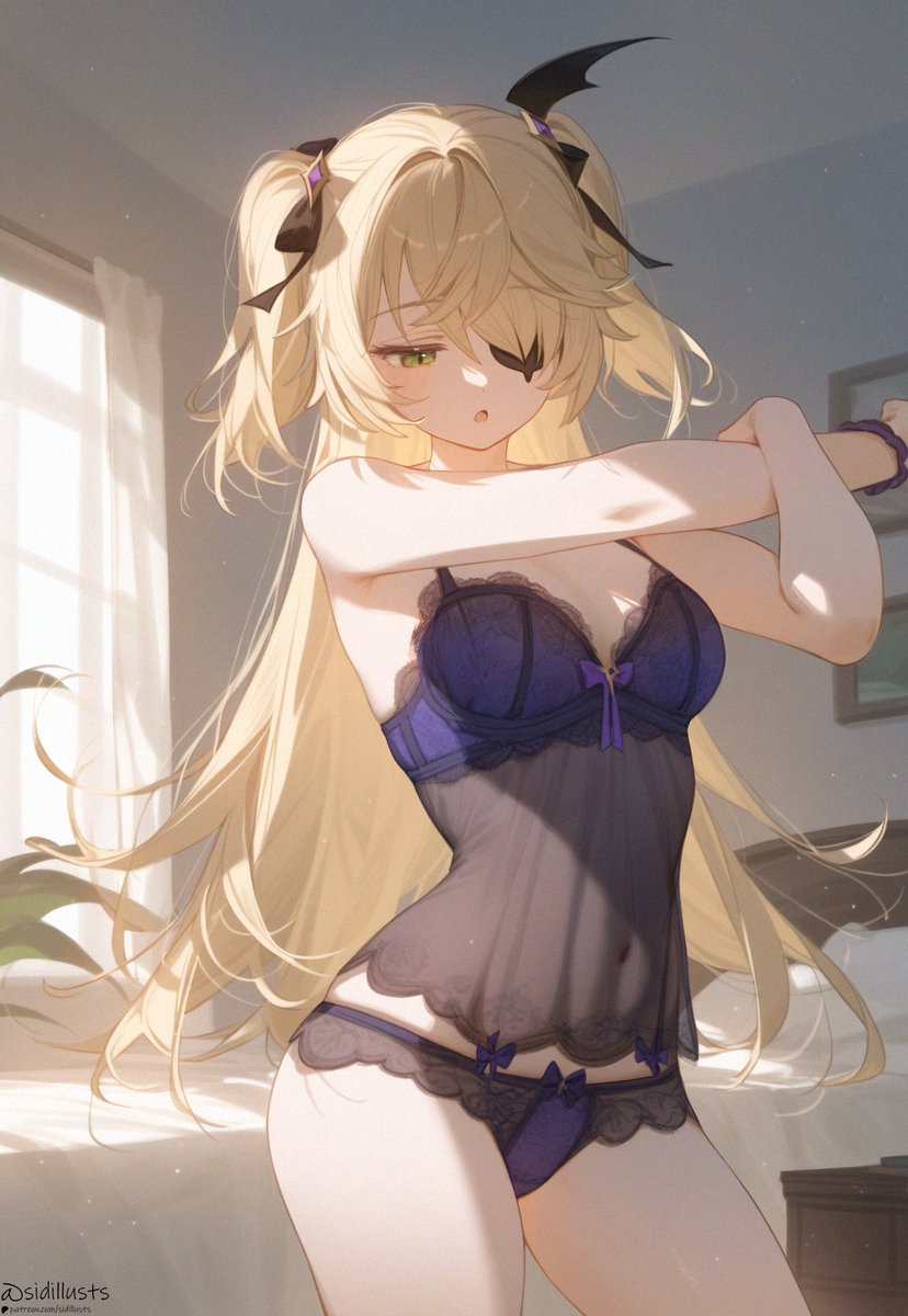 1girls ai_generated alternate_costume babydoll bed bedroom belly_button blonde_hair day eyepatch female female_focus female_only fischl_(genshin_impact) front_view genshin_impact indoors light-skinned_female light_skin long_hair looking_down navel pigtails purple_babydoll short_pigtails sidious_(artist) slim_girl solo solo_female solo_focus standing sunlight thong window young younger_female