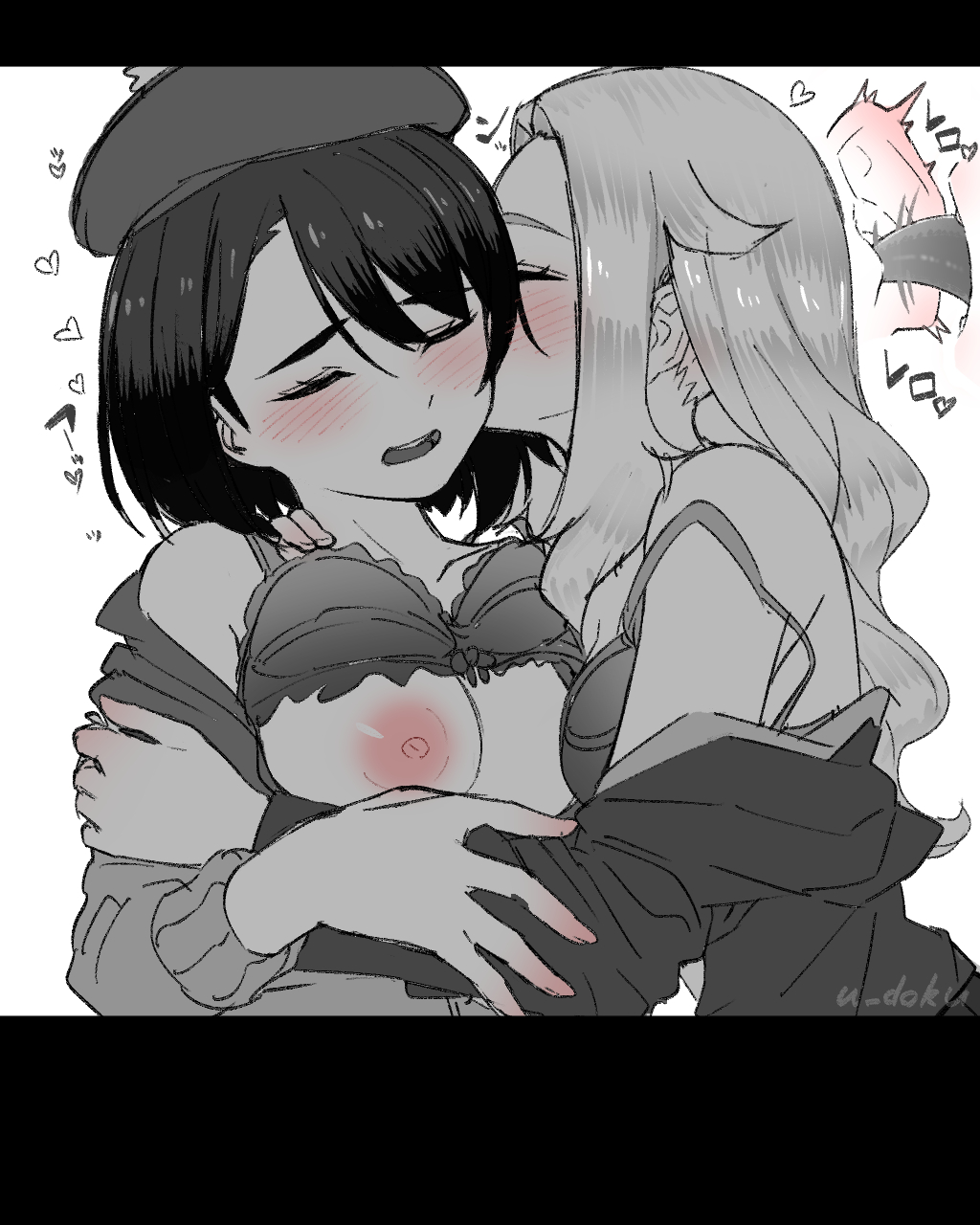 2girls bare_shoulders big_breasts blazer blush bra bra_lift breasts cardigan clothes ear_licking female female_only game_freak gloria_(pokemon) greyscale hand_on_another's_shoulder hat heart highres human jacket lass_(pokemon) lass_(pokemon_ss) licking long_hair long_sleeves medium_breasts multiple_girls nintendo nipples npc_trainer open_mouth partially_colored pokemon pokemon_ss school_uniform short_hair strap_slip tongue tongue_out u-doku underwear yuri