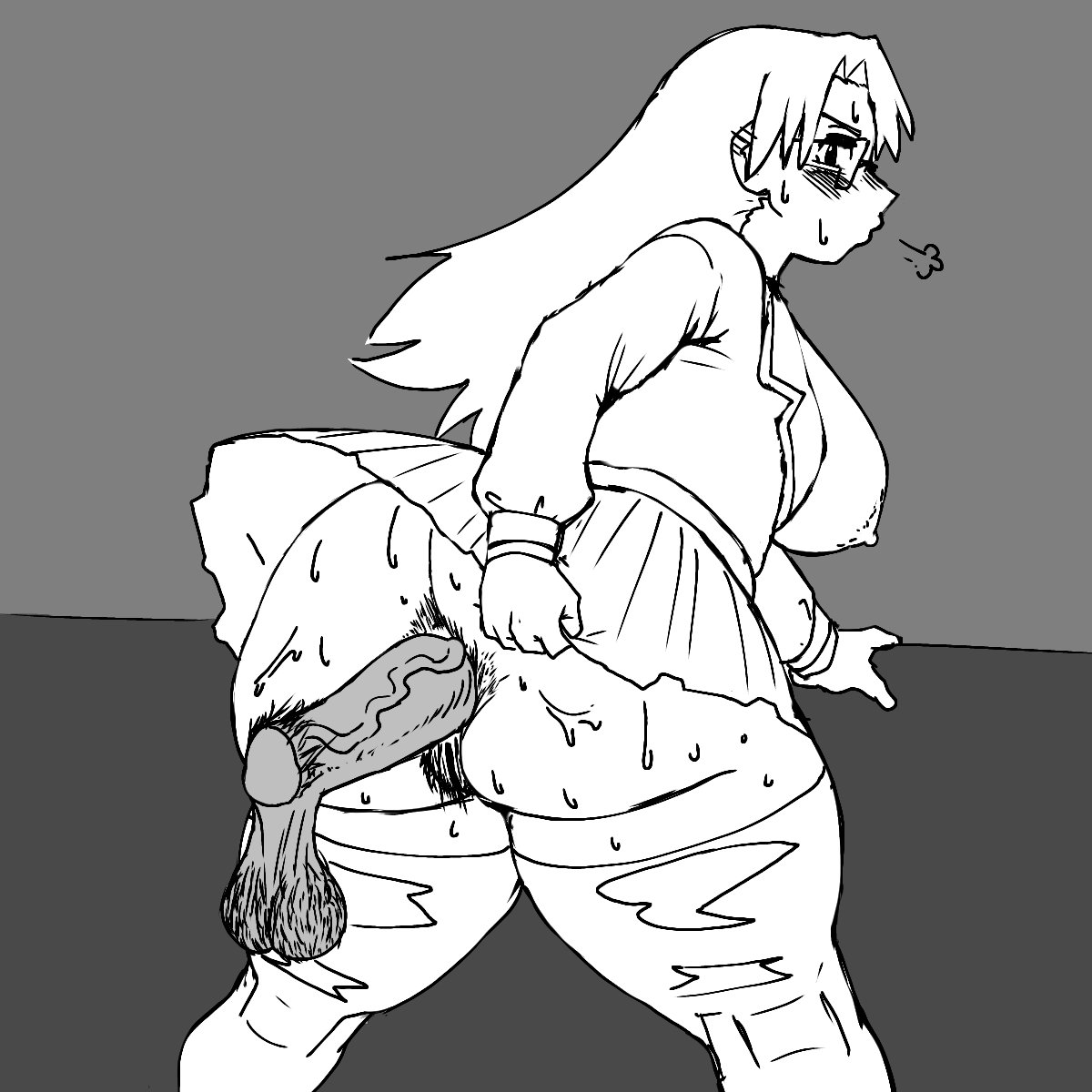 1girls, anal, anal penetration, anal sex, ass, azumanga daiou, balls, big ass, big balls, big breasts, breasts, dark-skinned male, female, glasses, hairy balls, hairy pussy, huge ass, koyomi mizuhara, large breasts, large penis, long hair, male, monochrome, nipples, penis, pubic hair, pussy, school uniform, sideboob, skirt, solo focus, sweat, sweaty ass, sweaty butt, vein, veiny penis, wiirart