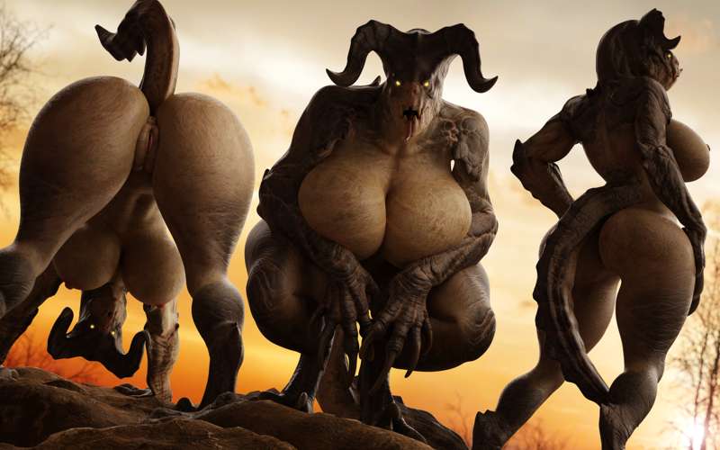 3d 3girls anthro anthro_only ass big_ass big_breasts big_butt breasts deathclaw fallout female female_deathclaw female_only non-mammal_breasts sfrogue tagme