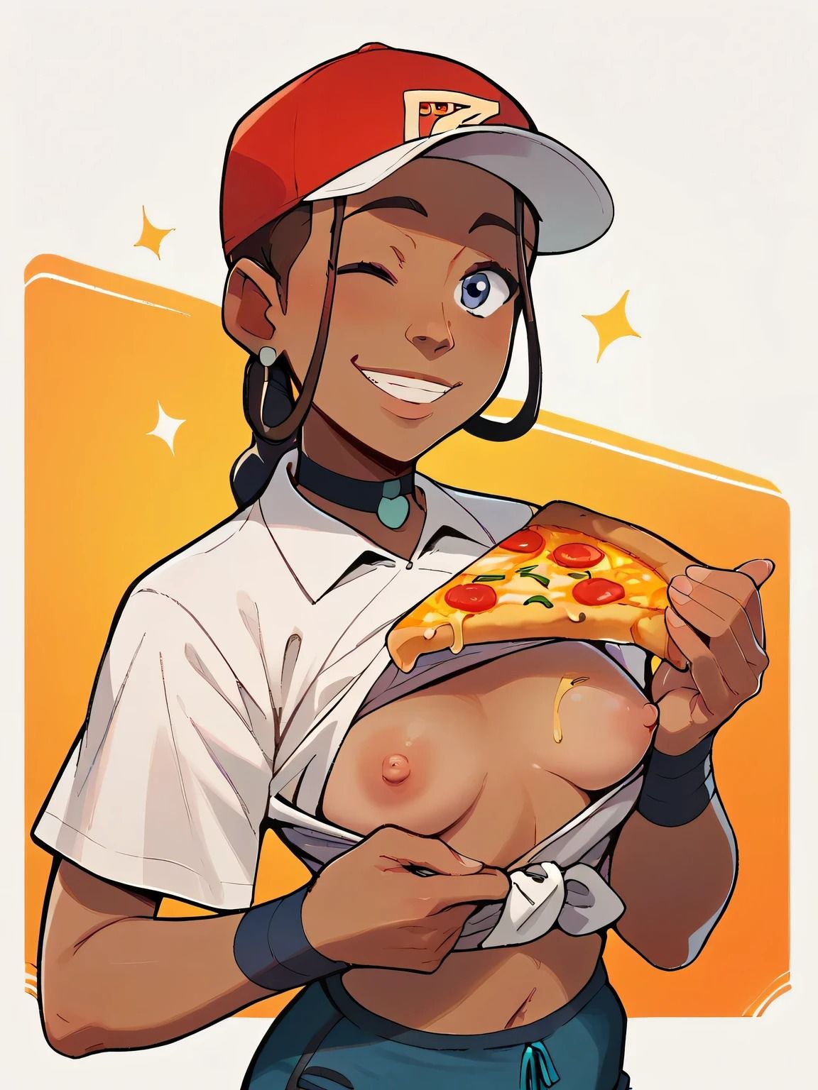 1girls ai_generated avatar_legends avatar_the_last_airbender baseball_cap dark-skinned_female dark_skin female katara nickelodeon nipples pizza smile solo upper_teeth userisbad water_tribe wink