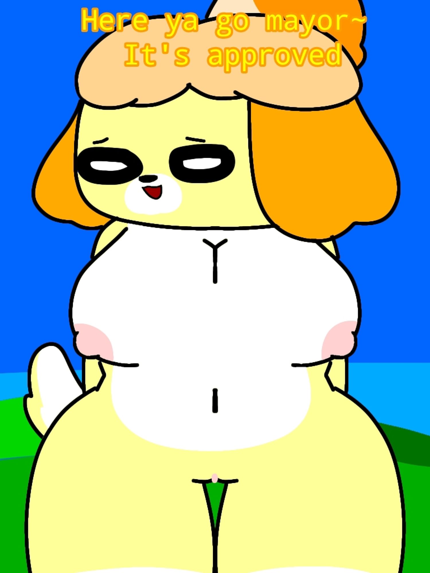 3:4 animal_crossing anthro canid canine canis chat domestic_dog female goofy_ahh hi_res isabelle_(animal_crossing) island mammal nintendo nude shih_tzu shy solo toy_dog unknown_artist