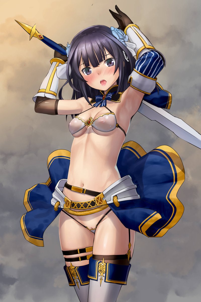 agatsuma_kaede alice_gear_aegis armor armpits bikini bikini_armor black_legwear blush breasts clitoris_slip cropped_legs elbow_gloves faulds female flower gloves greaves grey_eyes grey_hair hair_flower hair_ornament highres medium_breasts medium_hair micro_bikini navel nipples pussy_peek sasayuki smooth_armpits solo swimsuit sword thighhighs vambraces weapon