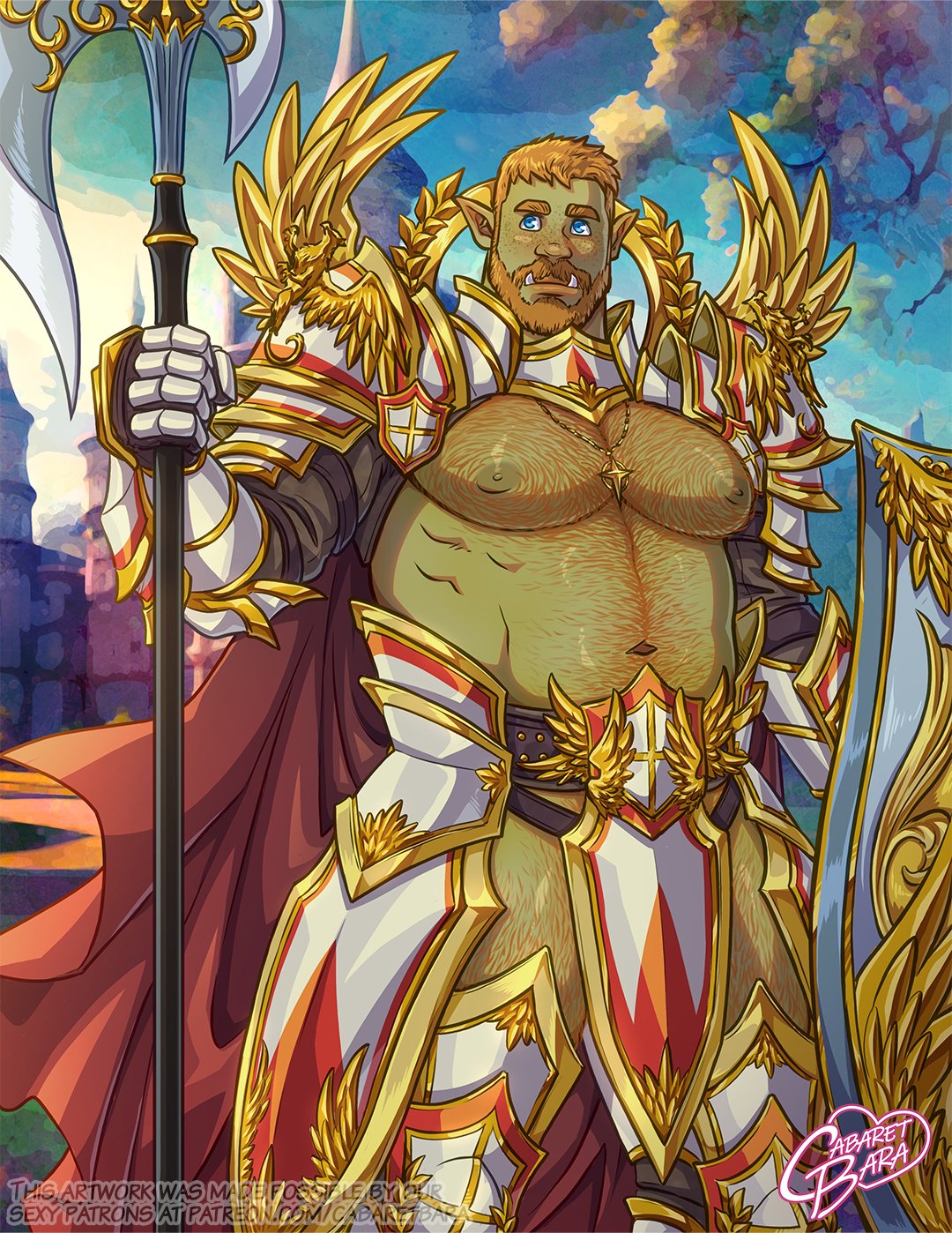 armor bear_(body_type) cabaret_bara cabaret_bara_series chest_exposed cosplay dungeons_&_dragons_at_cabaret_bara dungeons_and_dragons fangs ginger ginger_hair green_skin hairy half-orc male male_only muscles muscular muscular_male pointy_ears sean_(cabaret_bara) staff twitter_user_oc