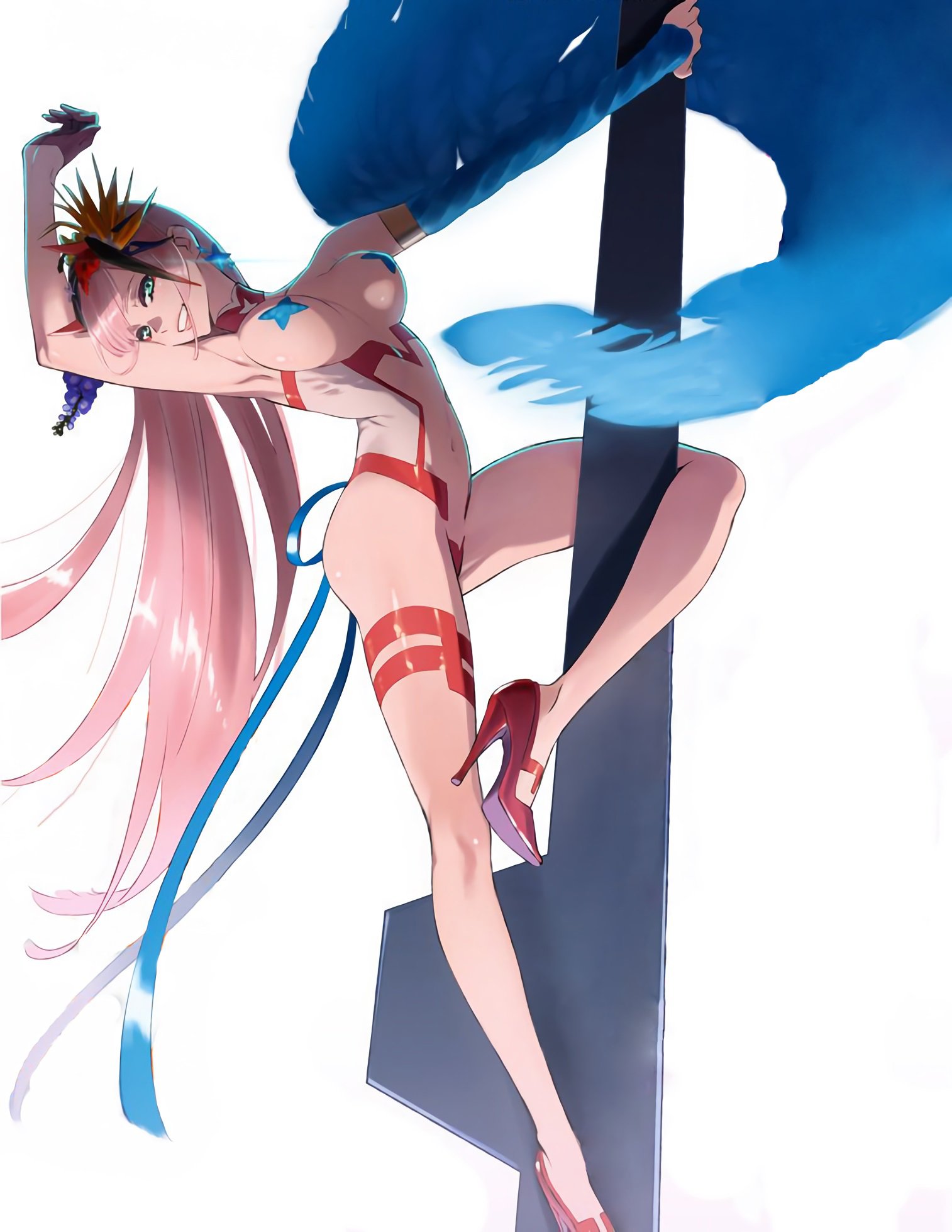 big breasts, blue eyes, breasts, darling in the franxx, female, gloves, high heels, horns, nipple covers, pink hair, pole dancing, ribbon, skimpy, tanaka masayoshi, zero two (darling in the franxx)