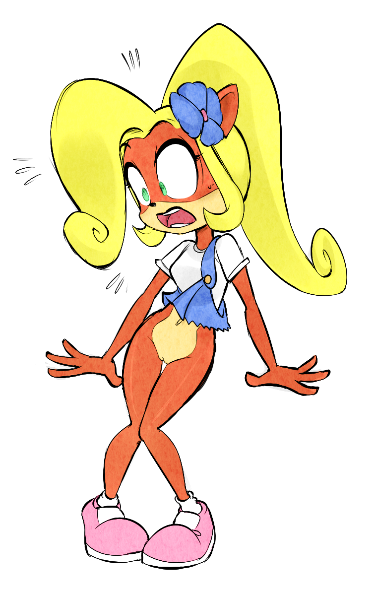 blonde_hair bottomless clothes_rip coco_bandicoot crash_(series) embarrassed_nude_female enf female flower hair_flower hair_ornament humor pussy surprised