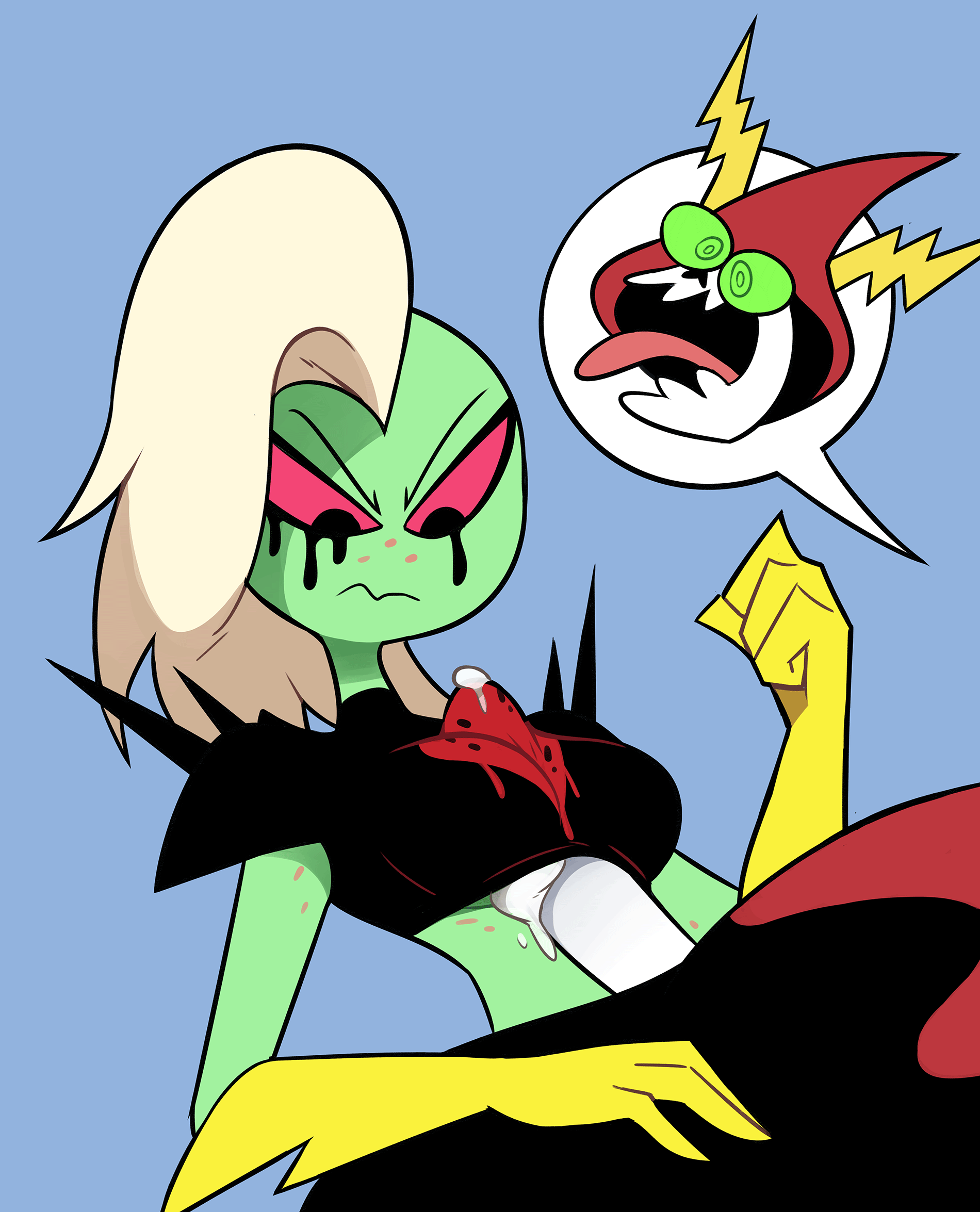 2019, 4 fingers, alien, animated skeleton, annoyed, armor, big penis, black clothing, blue background, bone, breasts, clothing, crop top, cum, cum between breasts, disney, duo, erection, female, female focus, freckles, frown, gloves, green sclera, green skin, hair, hi res, humanoid, light skin, long hair, lord dominator, lord hater, male, miscon, no irises, noseless, open mouth, outercourse, paizuri, paizuri under clothes, pale skin, penis, pink sclera, red clothing, red tongue, running makeup, running mascara, sex, shirt, shoulder pads, simple background, skeleton, solo focus, straight, tongue, tongue out, topwear, undead, wander over yonder, white hair, white penis, white skin