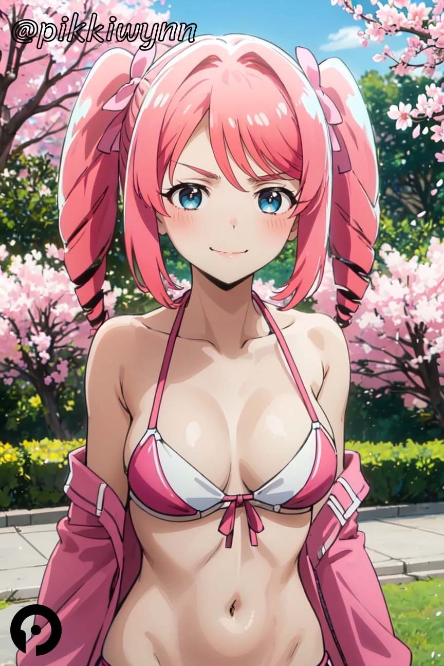 ai_generated bangs bare_shoulders bikini blue_eyes blush breasts cherry_blossoms closed_mouth collarbone day drill_hair female front-tie_bikini_top front-tie_top hair_intakes hair_ribbon halterneck hanabishi_haruka jacket looking_at_viewer magia_magenta mahou_shoujo_ni_akogarete medium_breasts navel off_shoulder open_clothes open_jacket outdoors pikkiwynn pink_bikini pink_hair pink_jacket ribbon sidelocks smile solo stomach string_bikini swimsuit twin_drills twintails upper_body v-shaped_eyebrows