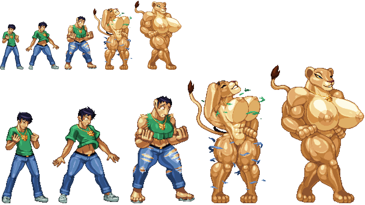 animal anthro big_breasts black_hair blue_pants breasts buff casetermk clothes_ripping clothing collar disney furry furry_breasts furry_tail gender_transformation genderswap green_shirt huge_breasts human human_to_anthro hyper_muscles lion muscles naked nala nude pixel pixel_art sequence smile smiley_face species_transformation the_lion_king transformation transparent_background white_shoes yellow_eyes