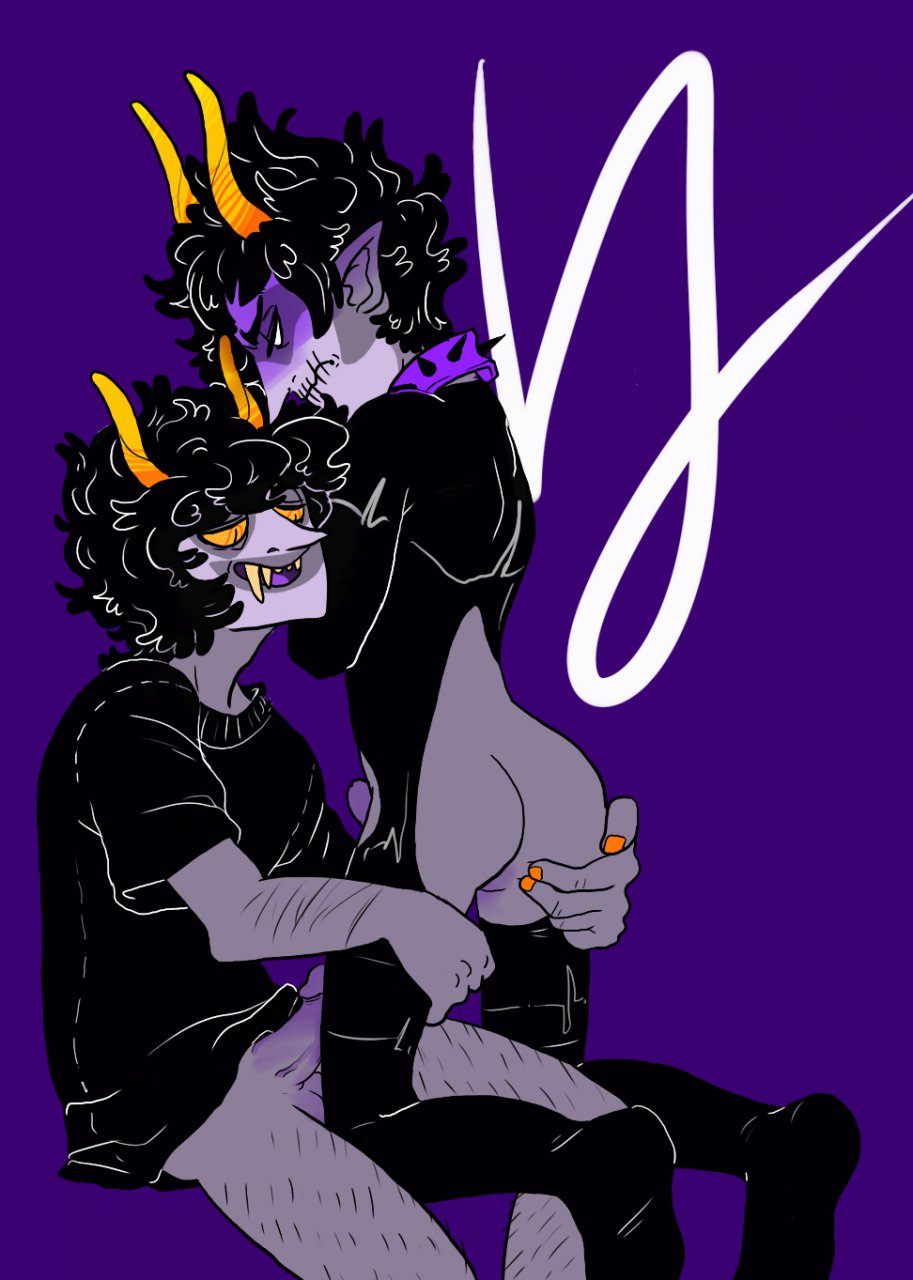 2boys alternate_species alternian ass balls black_hair blush body_hair body_modification bodysuit bondage clothed clothing collar duo erection facepaint fangs fetish_wear gamzee_makara gay ghost glistening grey_skin hair hairy hi_res homestuck horns incest kurloz_makara leg_hair male ms_paint_adventures open_crotch open_mouth orange_nails penis pointy_ears purple_background questionable_consent rubber rubber_suit sharp_teeth short_hair sibling simple_background smile spirit square_crossover tight_clothing topwear triplecancer troll webcomic yaoi