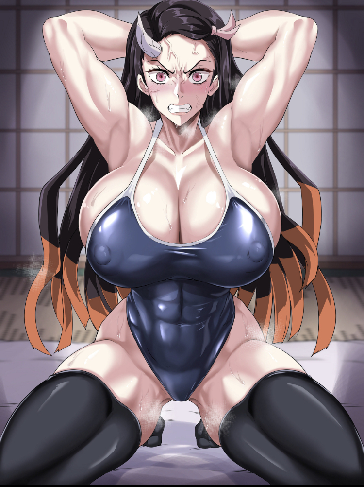 angry_face armpits arms_behind_head arms_up big_breasts black_hair black_legwear blue_swimsuit blush breasts demon_slayer erect_nipples horn jet_puri kamado_nezuko kimetsu_no_yaiba muscular_female nezuko_(demon_form) oni oni_horns orange_hair pale-skinned_female pale_skin pink_eyes sweating swimsuit two_tone_hair white_background