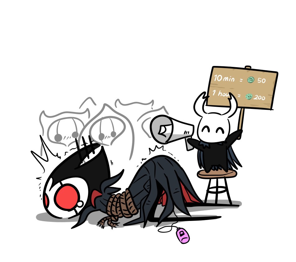 1boy, 2 horns, ambiguous gender, anthro, arthropod, black horn, black horns, bondage, bound, cloak, ctbread, forced, grimm (hollow knight), hollow knight, horn, horns, imminent rape, insects, male, male focus, restrained, rope, sign, solo male, the knight (hollow knight), thin, tied up, vibrator, white horn, white horns