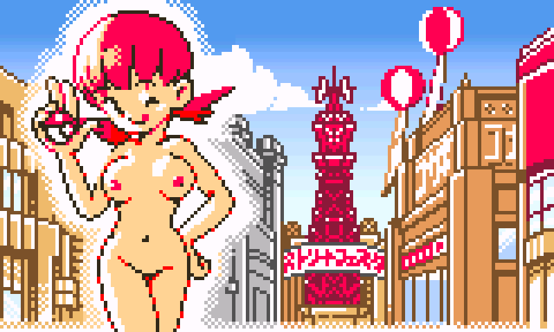 00s, 1girls, breasts, city, exhibitionism, eyebrows, eyebrows visible through hair, female, female only, gym leader, hand on hip, human, human only, light skin, light-skinned female, navel, nintendo, nipples, nude, nude female, one eye closed, outdoors, pink hair, pixel art, poke ball, pokemon, pokemon gsc, pokemon puzzle challenge, public nudity, red hair, saiwai hiroshi, tongue, twintails, v, whitney (pokemon), wide hips, wink