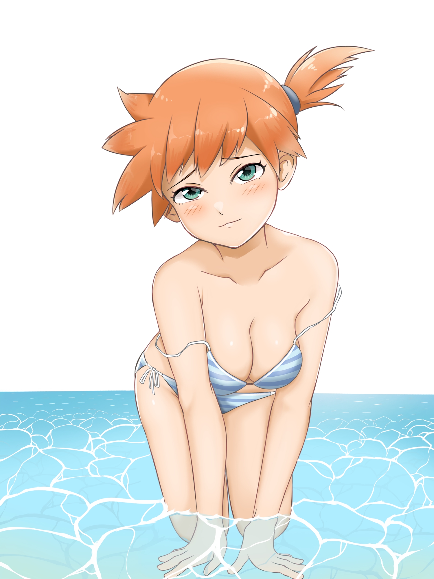 1girls, bikini, blush, breasts, cleavage, clothed, etude, female, female only, green eyes, human, human only, kasumi (pokemon), nintendo, off shoulder, orange hair, pokemon, pokemon rgby, ponytail, solo, source request, swimsuit, water
