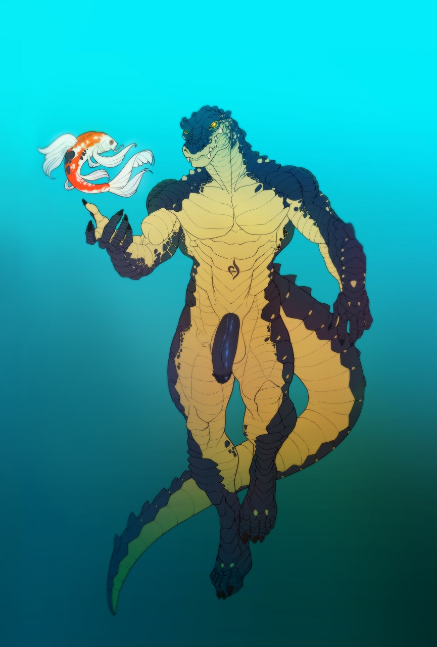 abs alligator alligatorid amur_carp anthro balls biceps big_penis black_penis black_scales carp claws crocodilian cyprinid cypriniform fish flaccid full-length_portrait glowing glowing_eyes hi_res humanoid_penis koi laluka male male_only marine muscular muscular_male navel pecs penis portrait reaching reptile scales scalie solo swimming tattoo teeth typical_carp underwater vein vergil-arkham water yellow_eyes yellow_scales