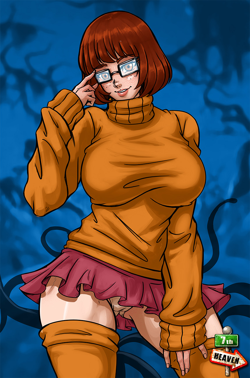 1girls, 7th-heaven, brown hair, clothing, female, female only, glasses, hair, no panties, pussy, scooby-doo, signature, skirt, solo, sweater, text, thighhighs, velma dinkley, watermark