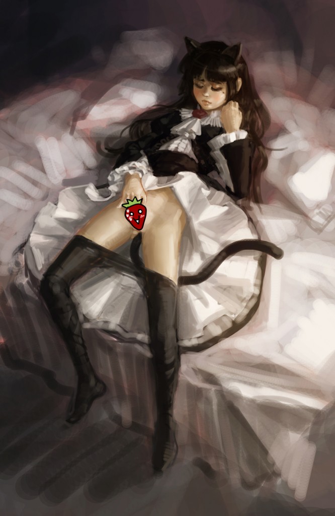 animal_ears black_hair black_legwear cat_ears cat_tail censored closed_eyes clothing doyora dress dress_lift female fingering food fruit gokou_ruri gothic_lolita lolita_fashion lying masturbation mole mole_under_eye no_panties novelty_censor on_back ore_no_imouto_ga_konna_ni_kawaii_wake_ga_nai pantyhose pantyhose_pull solo strawberry tail