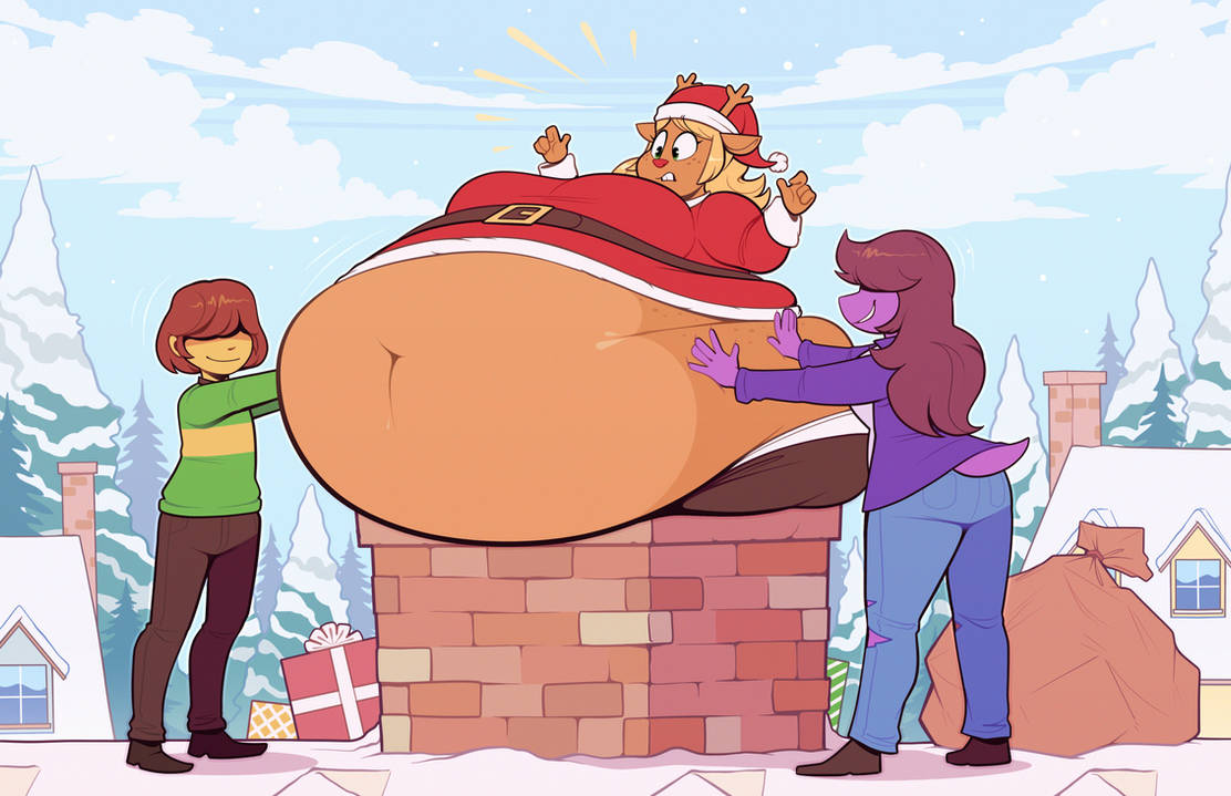 big_belly deltarune embarrassed kris_(deltarune) morbidly_obese morbidly_obese_anthro morbidly_obese_female noelle_holiday obese obese_anthro obese_female pushing ridiculouscake santa_costume smile smirk smirking surprised susie_(deltarune) winter winter_clothes