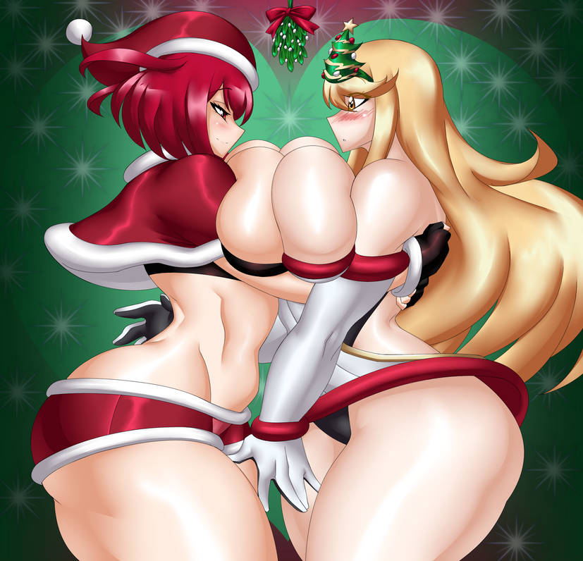 2girls blonde_hair breasts christmas crop_top dress elbow_gloves fingerless_gloves gloves hugging kailyn kreativekailyn large_breasts long_hair midriff mistletoe mythra nintendo pyra red_crop_top red_eyes red_hair santa_hat short_hair short_shorts shorts white_dress xenoblade_(series) xenoblade_chronicles_2 yellow_eyes