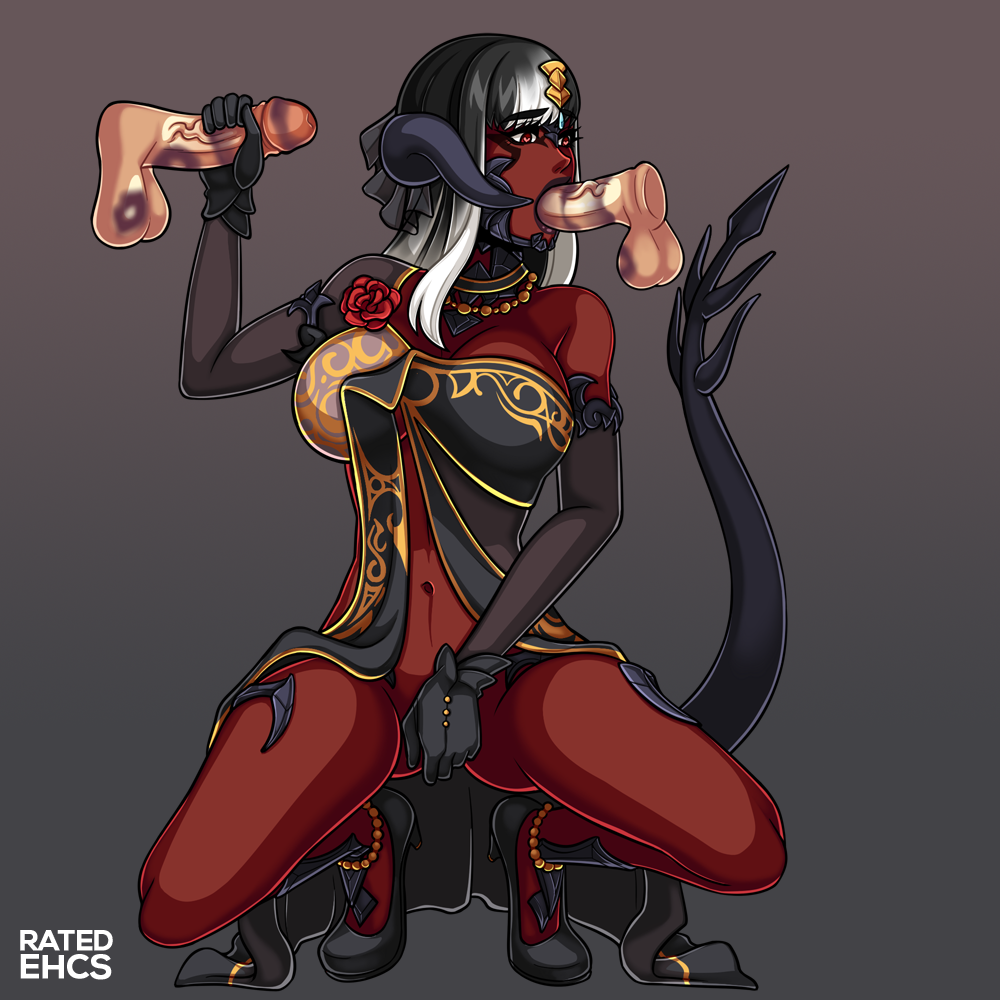 1girls, 2boys, au ra, black gloves, black hair, disembodied penis, fellatio, female, final fantasy, final fantasy xiv, gangbang, gloved handjob, gloves, hair, hand on penis, handjob, handjob with gloves, high heels, holding penis, horn, kiss mark, lipstick, lipstick mark, lipstick on penis, male, masturbation, multiple boys, multiple males, multiple penises, oral, penis, purple lipstick, ratedehcs, red skin, square enix, sucking, threesome, touching penis, video games, watermark, white highlights, xaela