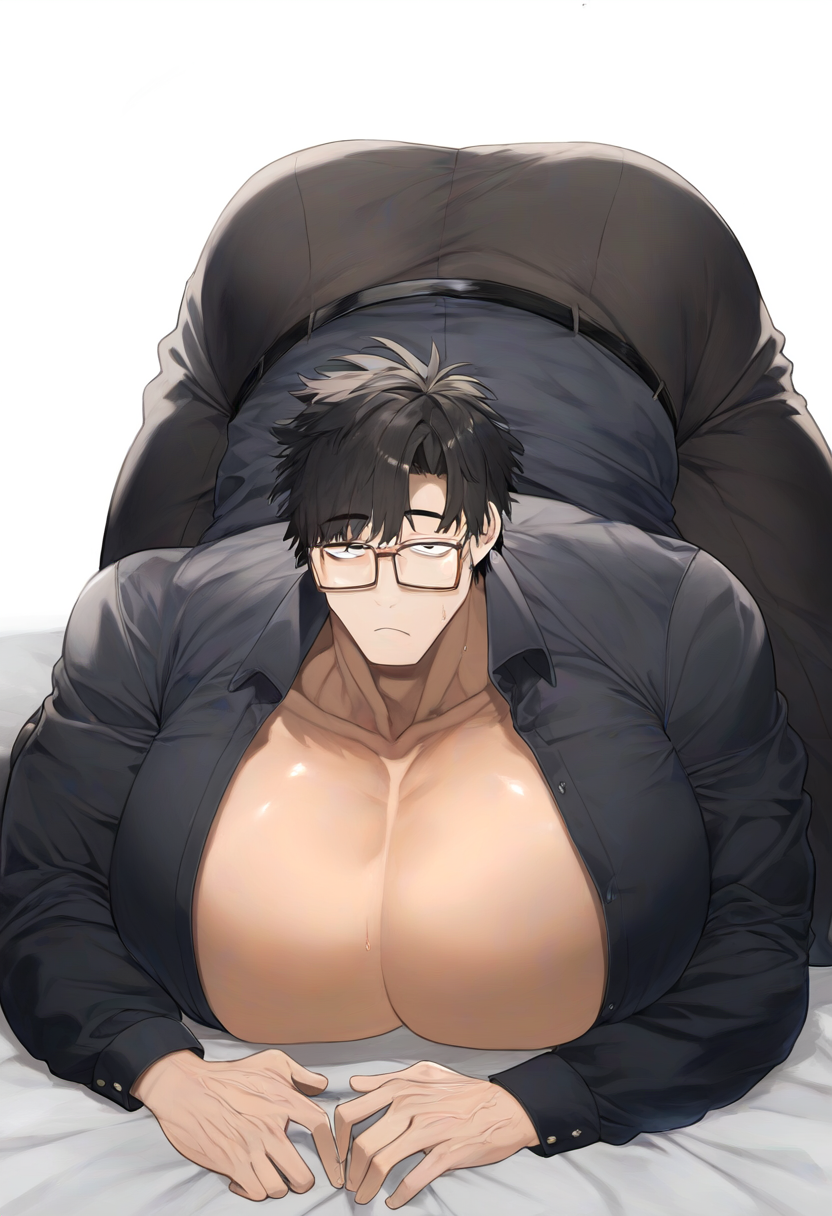 1boy ai ai_generated ass_up big_ass big_butt big_tits black_hair breasts_bigger_than_head busty cleavage glasses huge_breasts huge_tits male male_breasts male_cleavage male_only male_tits male_with_breasts solo solo_male