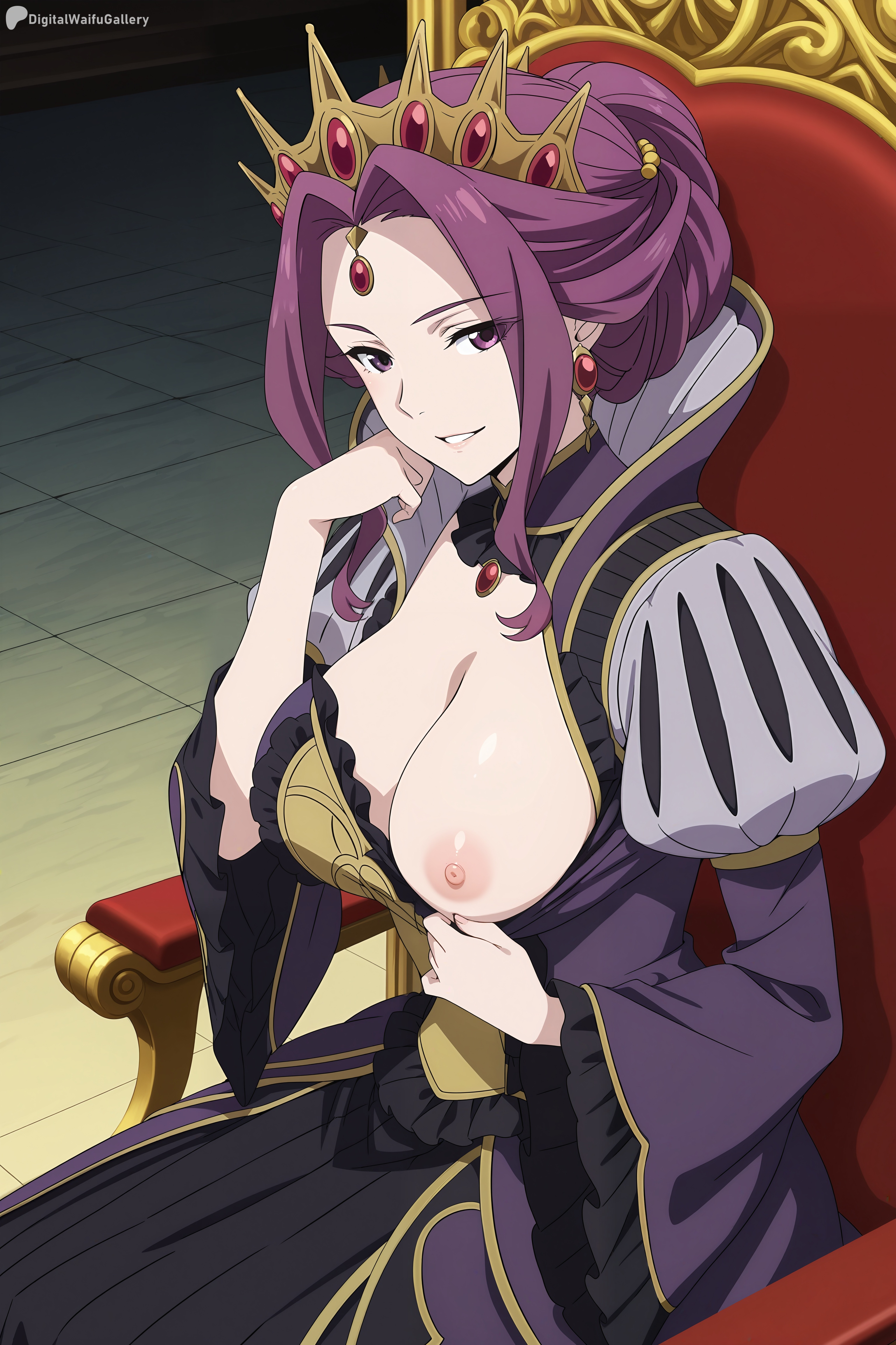 ai generated, breasts, cleavage, digitalwaifugallery, dress, earrings, female, female only, hi res, high quality, high resolution, jewelry, large breasts, long hair, long sleeves, looking at viewer, mirelia q melromarc, nipples, patreon, purple eyes, purple hair, seductive, sexy, sitting, smile, solo, tate no yuusha no nariagari, tiara, uncensored, watermark